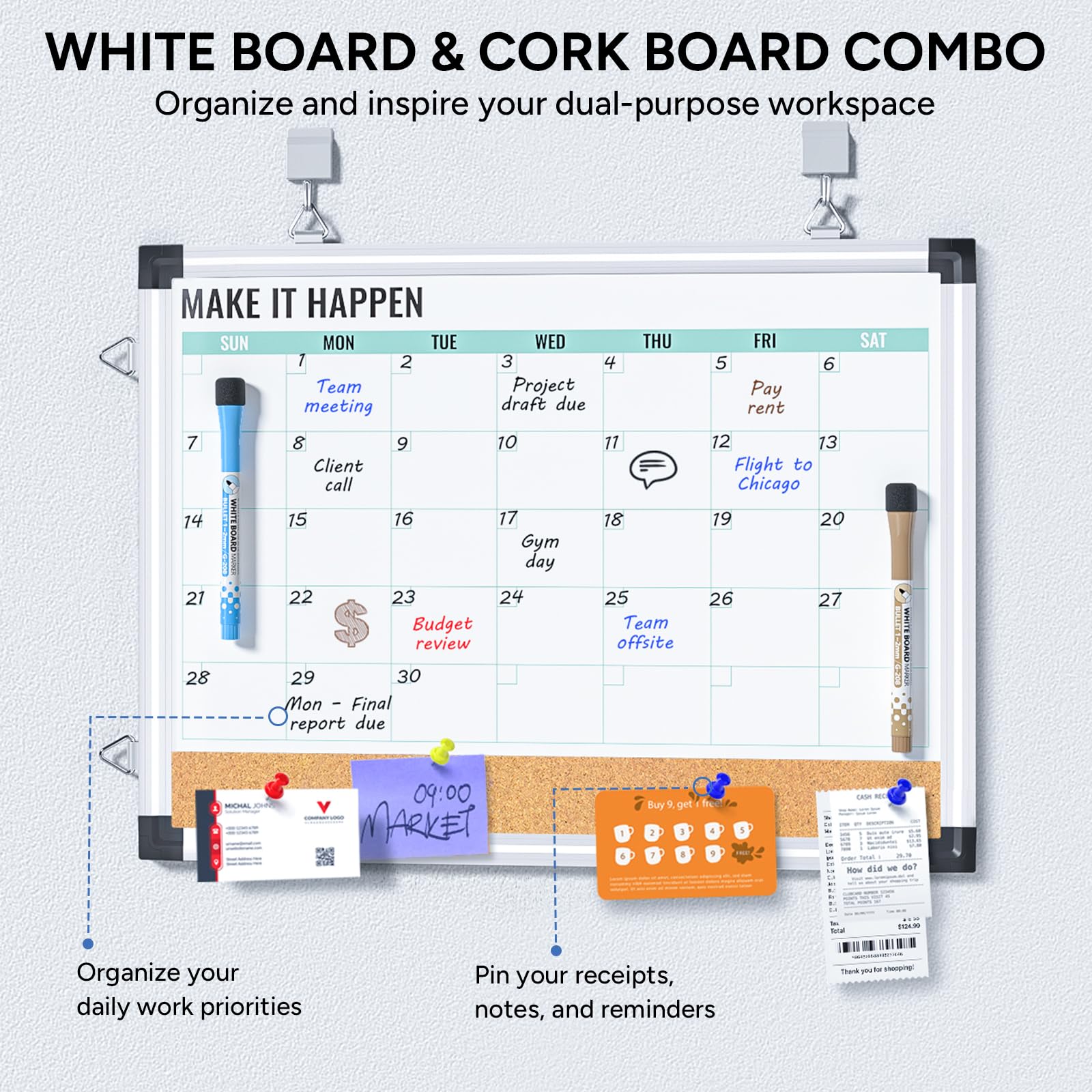 Marsrock Monthly Calendar Whiteboard and Cork Board Combo for Wall, 17"x13" Reversible Hanging Dry Erase Board, Double Sided White Board with Aluminum Frame for Planning, Office, Kitchen, School, Home - Image 3