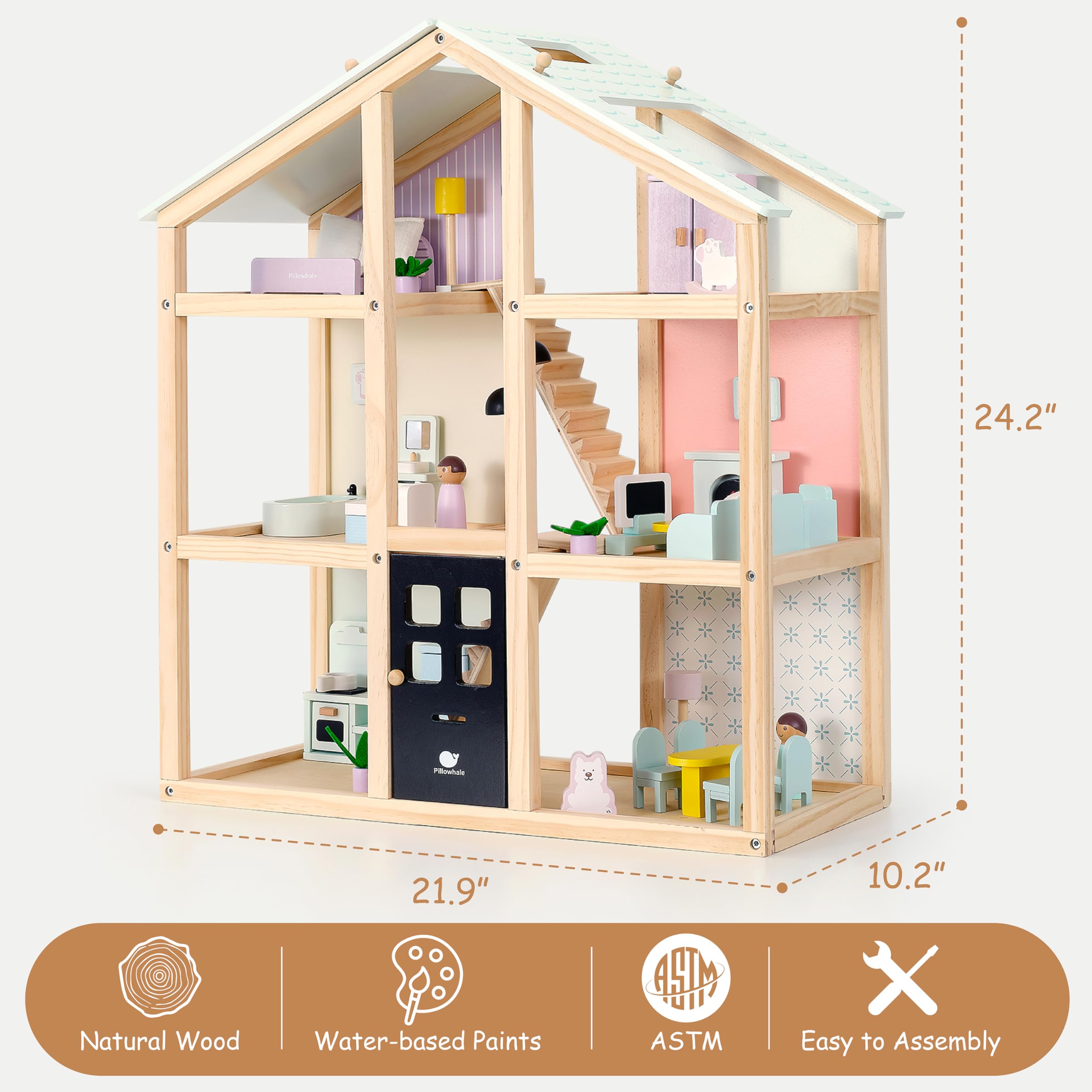 Amazon | Pillowhale木製ドールハウス。対象年齢3歳以上。 | 3階建ての