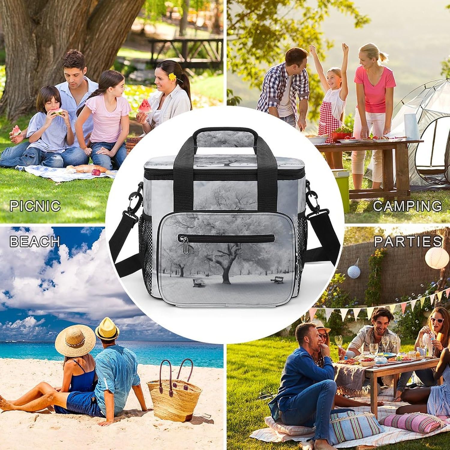 Camping Ice Pack, White Snow Tree Print Cooler Bag, 22.5L Large Capacity Insulated Lunch Tote Bag for Outdoor, Picnic, BBQ, Travel, Work