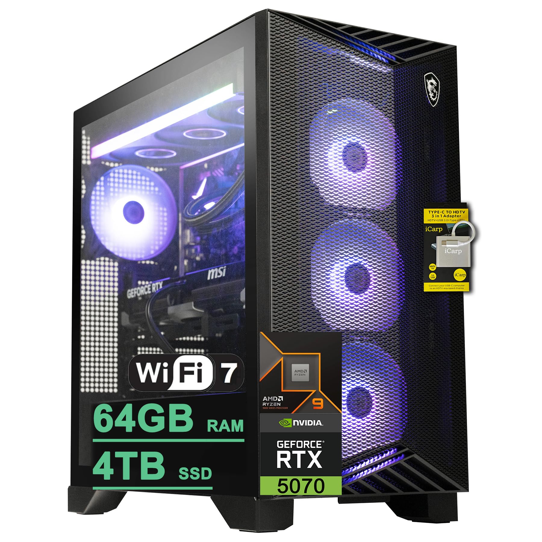 msi Aegis ZS2 Gaming Desktop AMD 12-core Zen 5 Ryzen 9 9900X (>i9-14900HX) 64GB DDR5 4TB SSD GeForce RTX 5070 DLSS 4 360mm Liquid Cooler 750W 80+ Gold