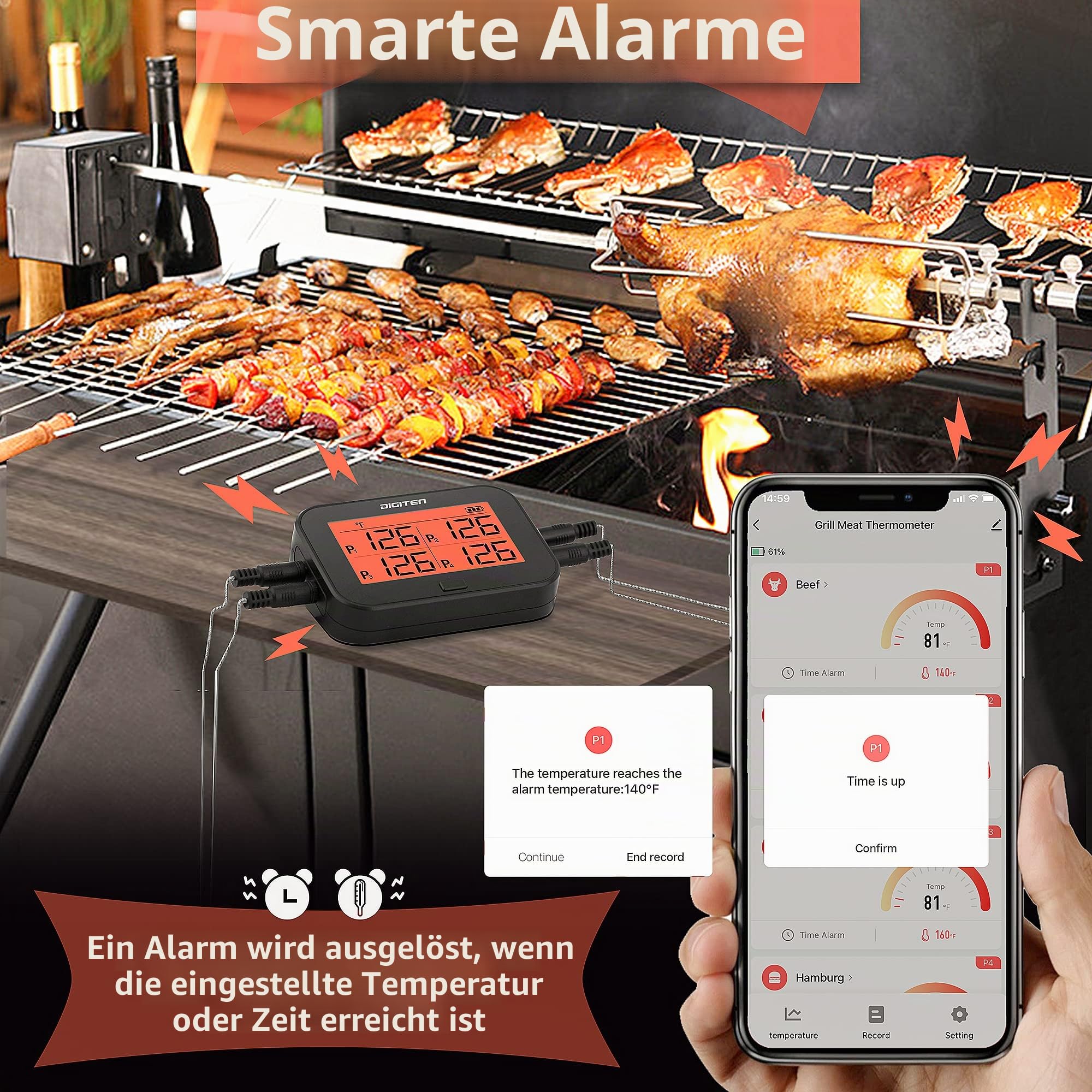 DIGITEN Bluetooth Grillthermometer Kabellos Fleisch- und Lebensmittelthermometer mit 4 Sonden BBQ-Smoker Thermometer Sofort Ablesbar Wiederaufladbar