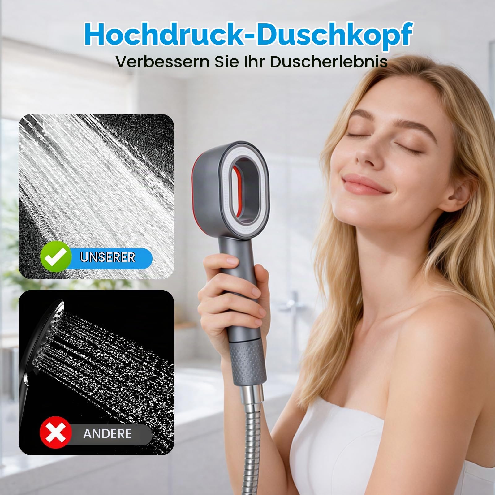 3 In 1 Duschkopf mit Filter, Hochdruck Handbrause, Duschbrause mit 2 Reinigungsbürstenköpfen & Duft, Entfernt Kalk, Rest-Chlor, Bakterien, Schwermetalle