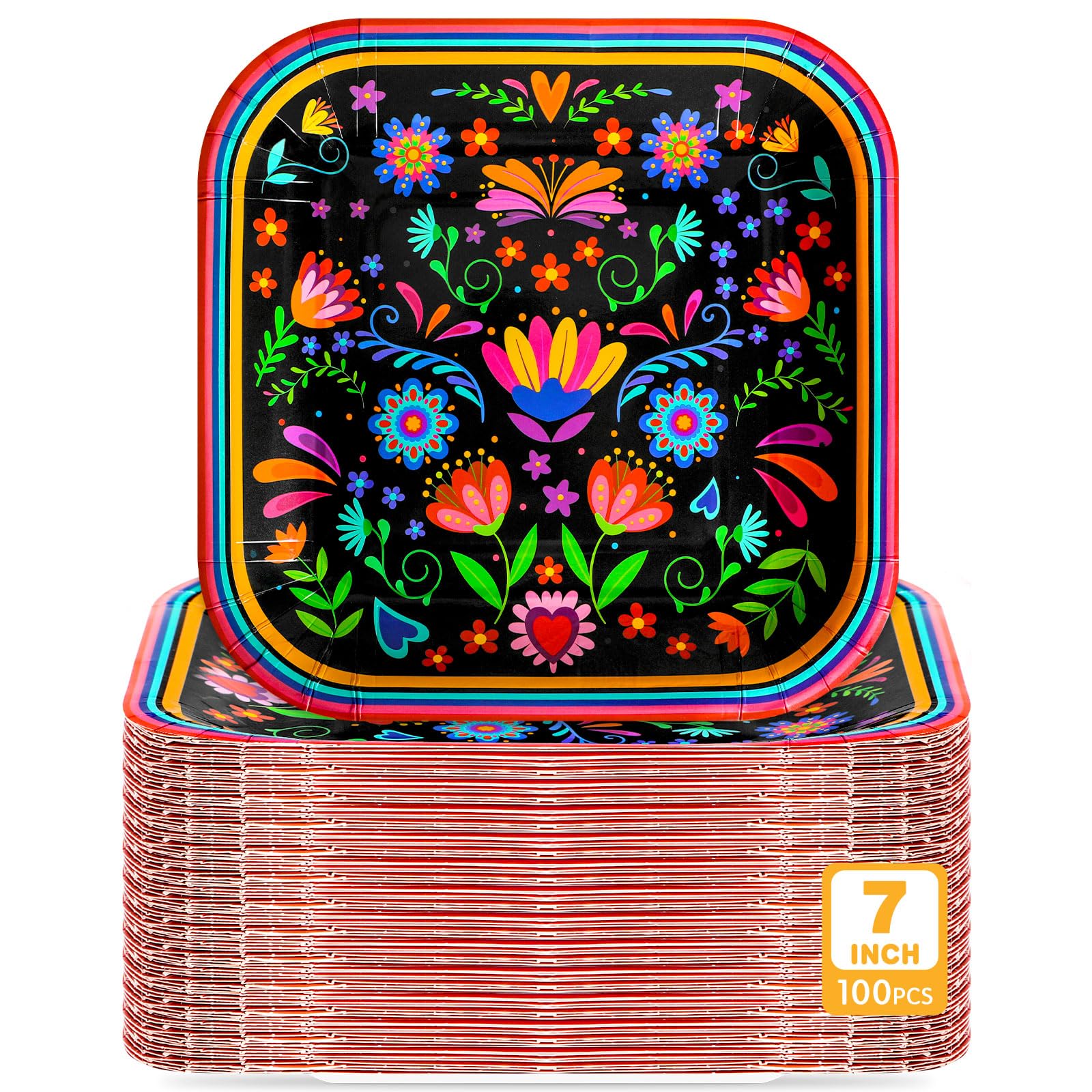 Potchen 100 Pcs Mexican Dessert Plates Bulk 7 x 7 Inch Mexican Paper Plates Disposable Square Taco Fiesta Dinner Decor for Tuesday Birthday Baby