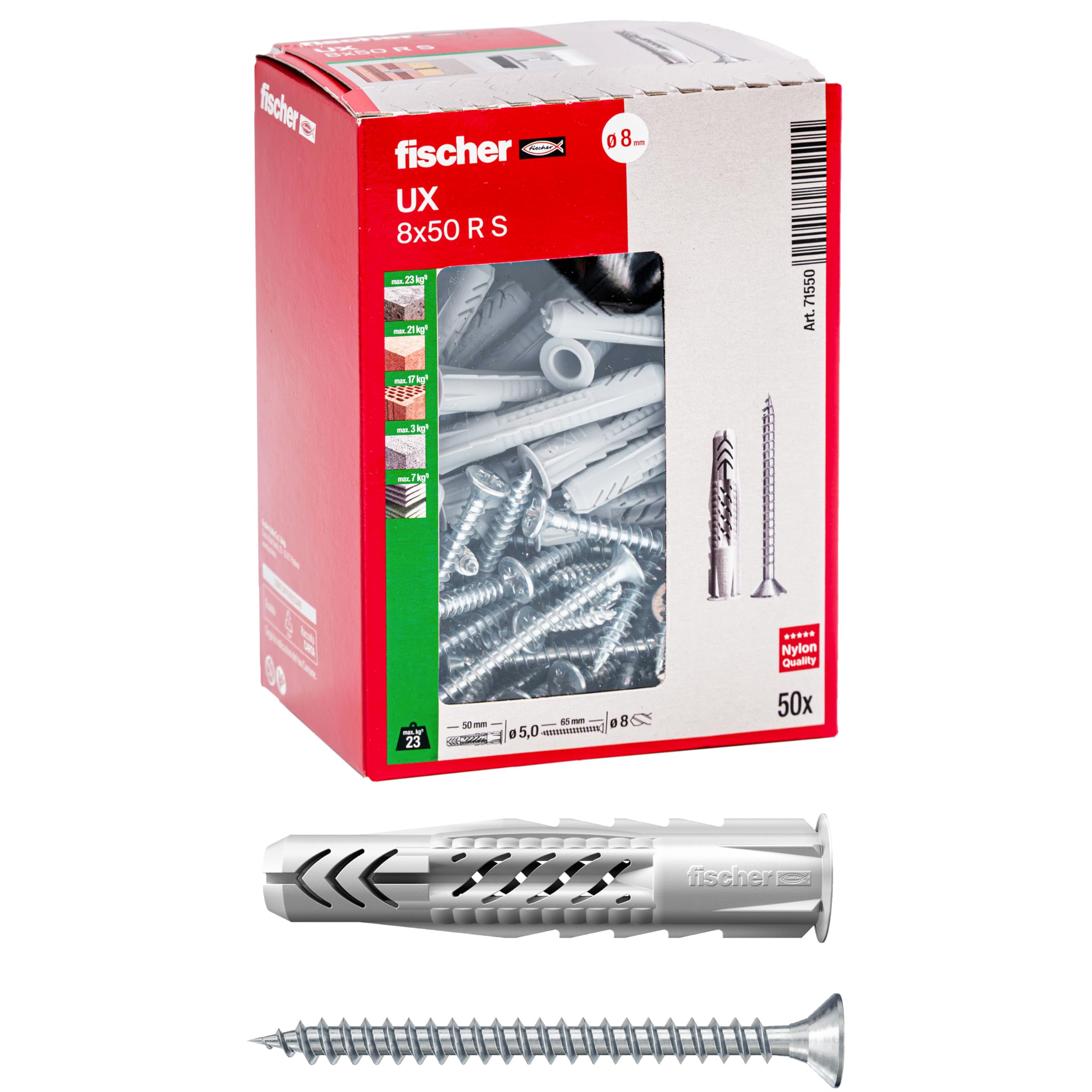 Fischer 50 Tasselli Universali con Vite UX 8x50 R S per Muro Pieno, Mattone Forato, Cartongesso, per Installazione e Fissaggio Mobili, Armadietti, Lampade, Staffe TV, 71550