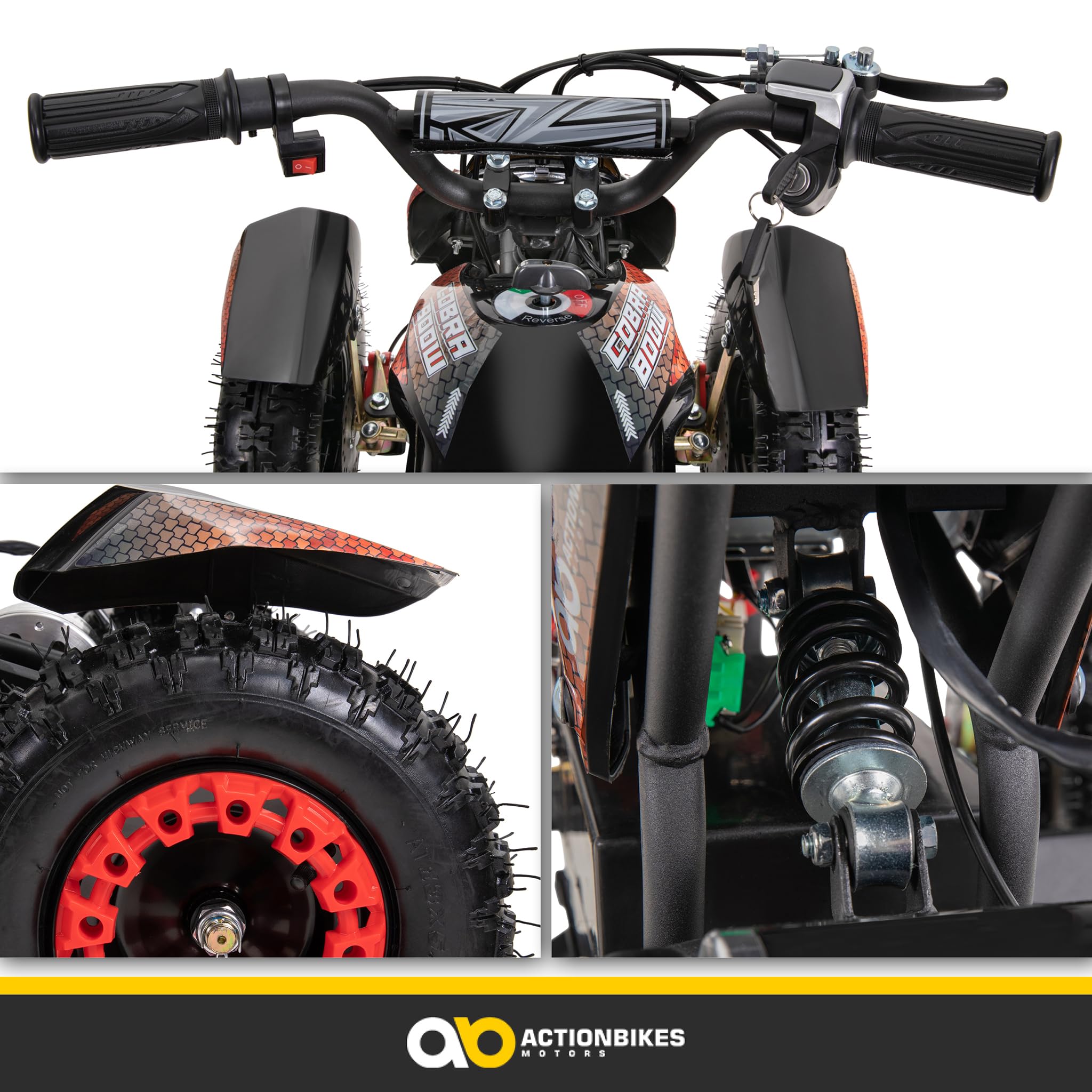 Actionbikes Motors Kinder Quad Elektro ATV Cobra | 𝟑𝟔 Volt 𝟖𝟎𝟎 Watt Motor bis 𝟐𝟒 km/h - Kinderquad - Pocket Quad - Safety Touch Fußschalter - Miniquad - Für Kinder ab 8 Jahren (Grün/Schwarz)