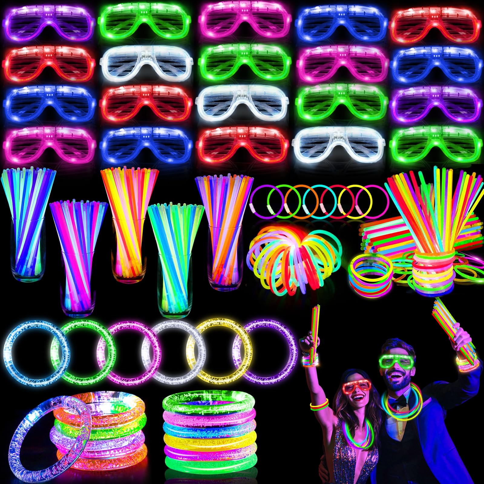 248 PCS Glow in the Dark New Years Eve Party Supplies Favors, 24 LED Glasses, 24 Flashing Bracelets and 200 Glow Sticks Bulk Party Pack Neon Rave Party Favors for New Years, Birthday, Wedding, Concert