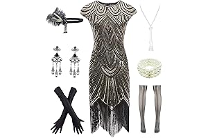 Letter Love Womens Vintage Lace Fringed Gatsby 1920s Cocktail Dress with 20s Accessories Set