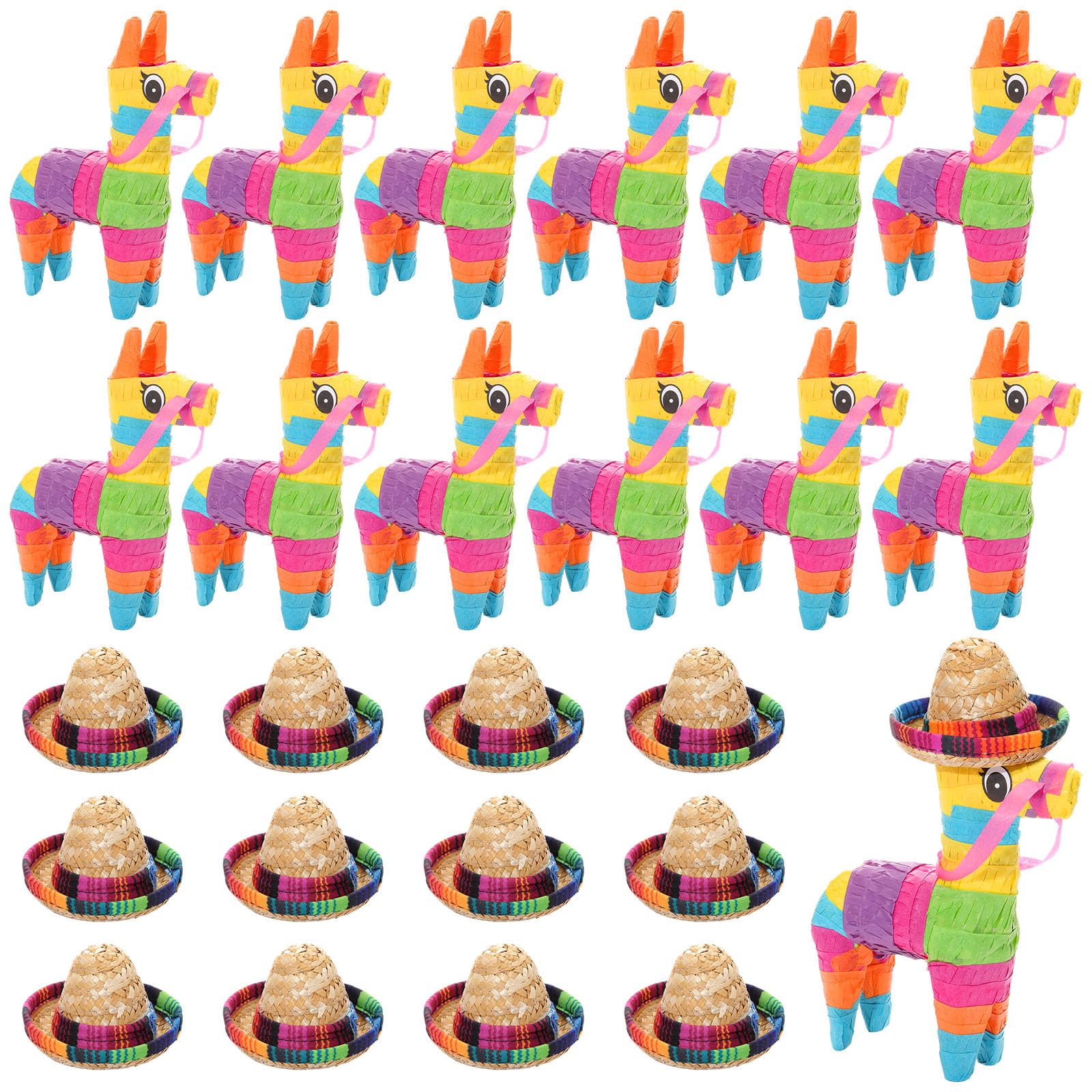 Soulchen Set di 12 centrotavola decorativi per festa messicana, include mini piñata arcobaleno lama e mini cappello messicano in paglia naturale messicana festa di compleanno forniture per feste