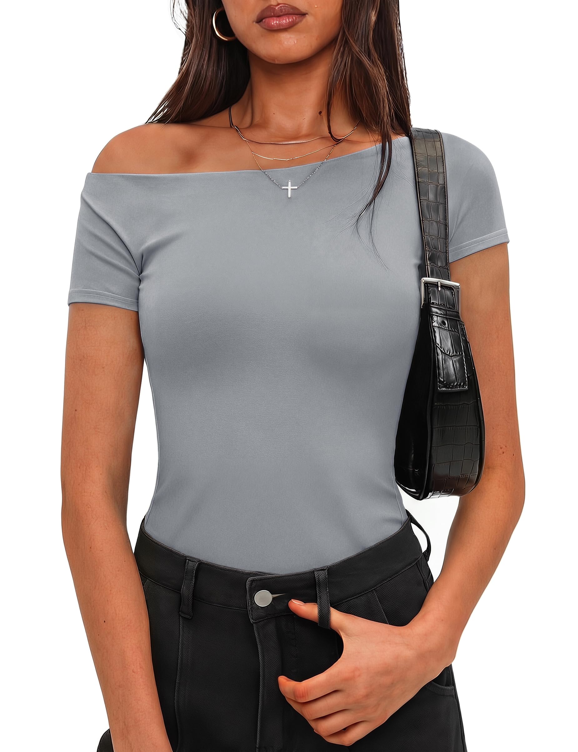 Totatuit Damen One Shoulder T-Shirt Kurzarm Slim Fit S-XXL | Boot-Ausschnitt, einfarbiges Y2K-Oberteil, geeignet für Sommer Party Urlaub Ausgehen und Freizeit