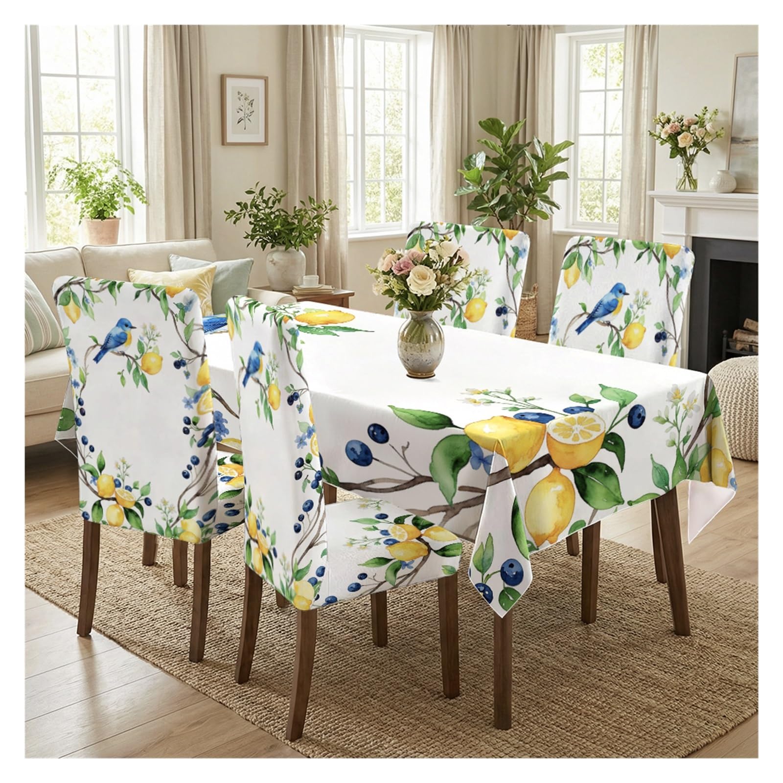 BOSUYBN Watercolor Bluebird Lemon Branch Printed Dining Tablecloth & Chair Covers Set, 5/7 Piece Fresh Citrus Summer Cottage Home Decor Table Setting(5pcs Set: Tablecloth+Chair Covers)