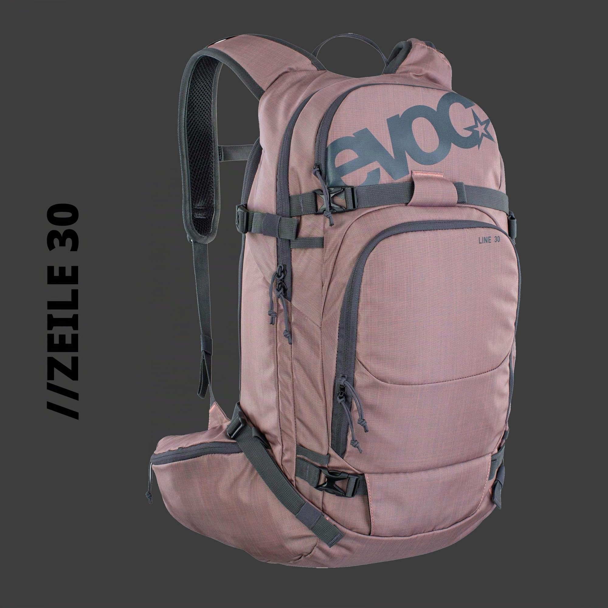 EVOC LINE 30 All-Mountain-Tragerucksack (NEURALITE SYSTEM, Skihalterung, separates Lawinenfach mit Notfallplan, leicht zugängliches Hauptfach, BODDY HUGGING), Staubrosa