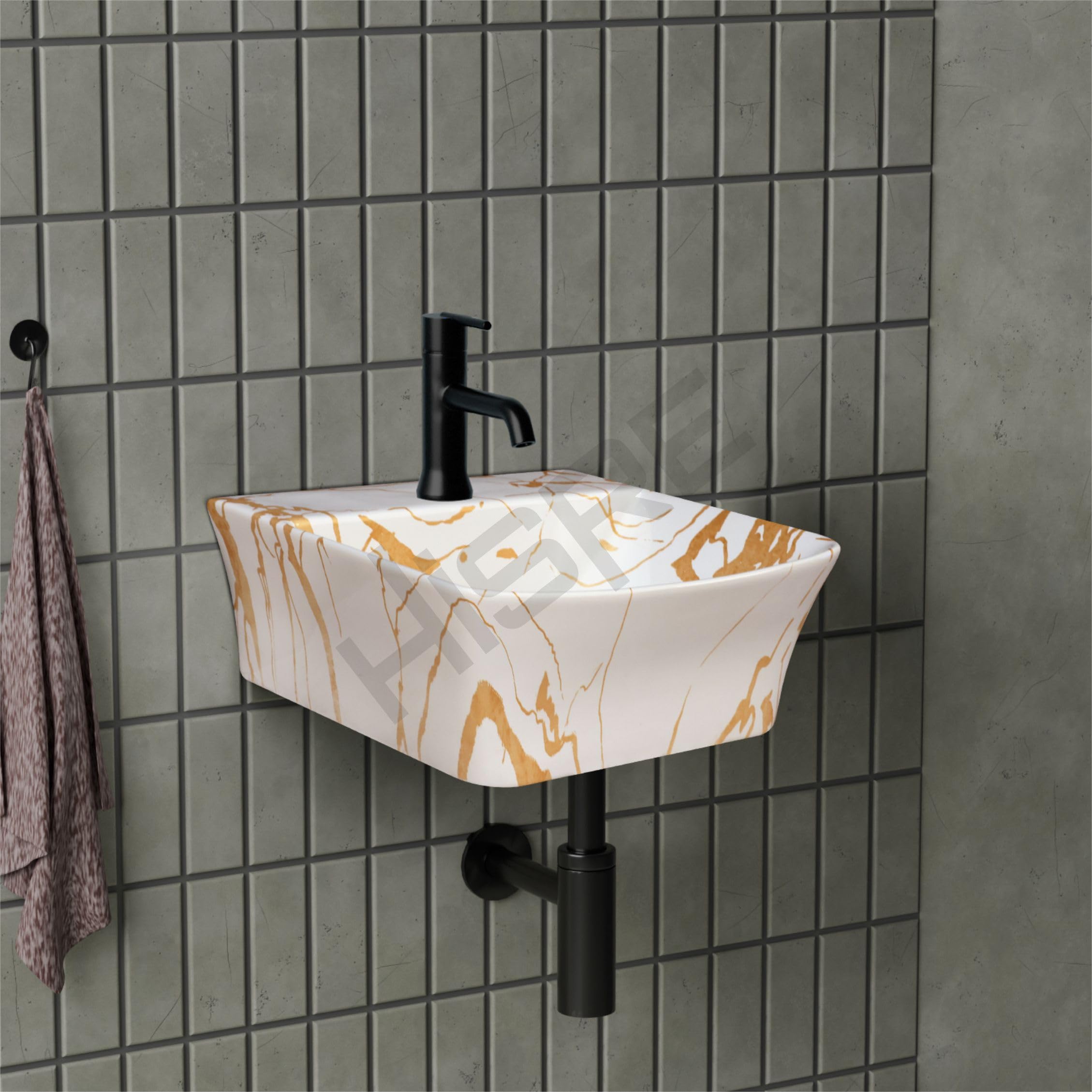 HISRE Wall Mount Wash Basin 13"x13"x5" | White Golden Marble Finish Ceramic Sink | Modern Rectangular Bathroom Basin for Home, Office & Hotels, photo 2 of 5