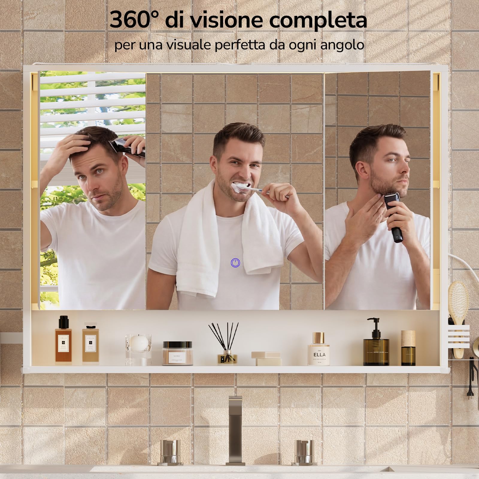 Specchio Bagno Contenitore 100Lx78Hx18P cm – Luce LED Incassata su 3 Lati, Design a 360° per Visione Totale, Touch 3 Luci, Prese, Porta Asciugacapelli e Asciugamani