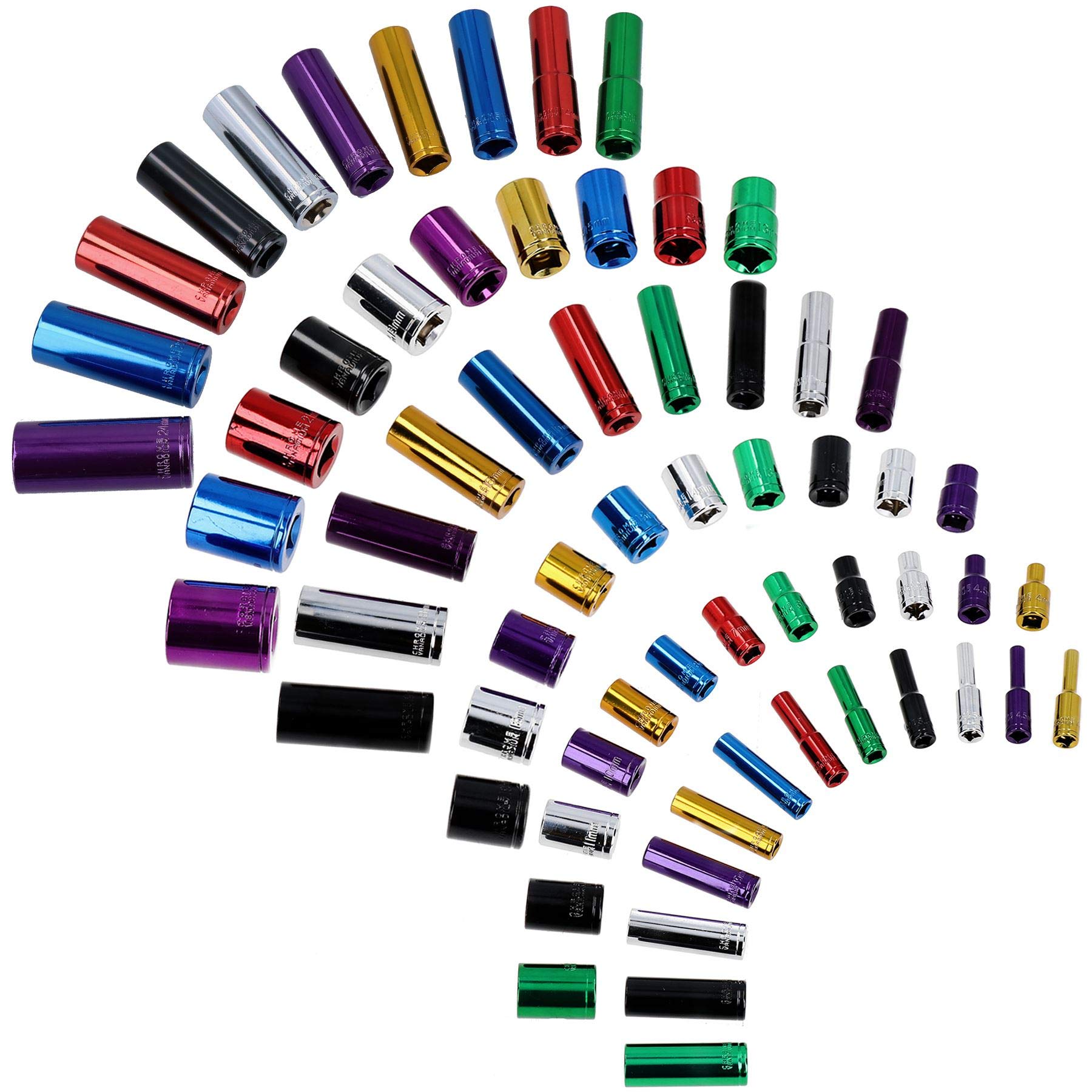 Metric 1/4” 3/8” + 1/2"" Deep + Shallow Colour Coded Sockets 4 – 24mm 64pc Kit