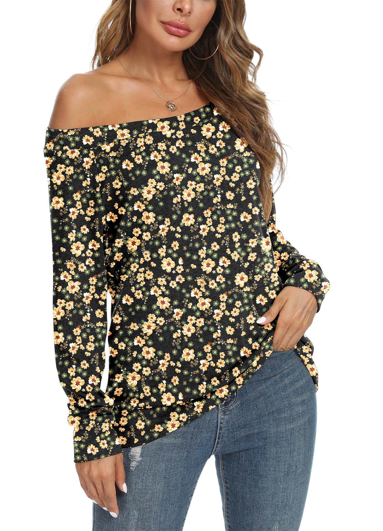 YSYOKOW Womens Cute Sexy Off Shoulder Blouses Long Sleeve Boat Neck Tunics Tops