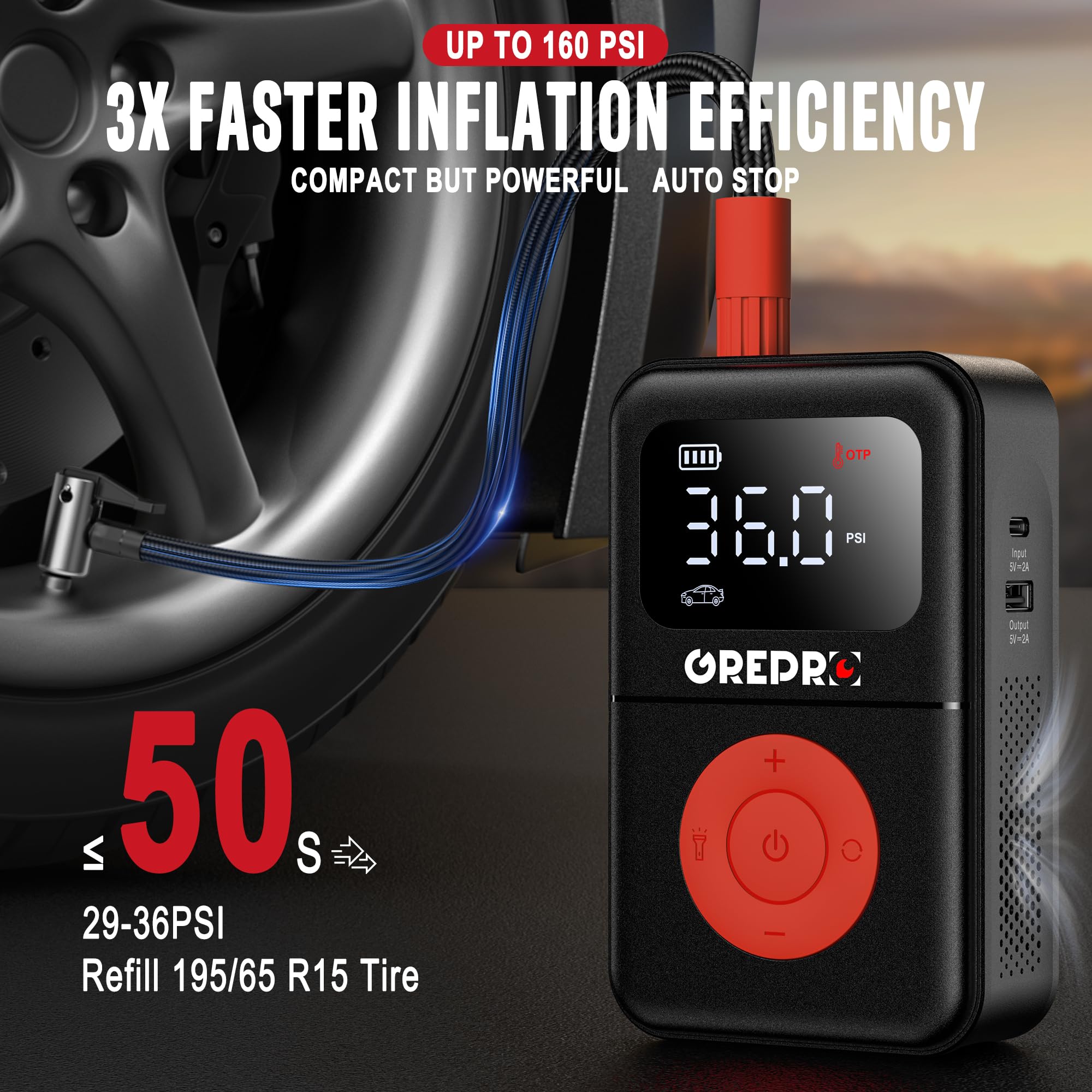GREPRO - Compresor de aire portátil para neumáticos, bomba de aire portátil de 160 PSI con medidor de presión digital, luz LED y múltiples adaptadores para coche, motocicleta, bicicleta y otros
