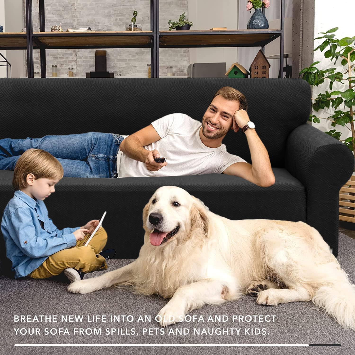 XINEAGE Copridivano 3 Posti Elasticizzato, Fodere Copridivano con Braccioli per Il Soggiorno, 1 Pezzo Copridivani Universale, Copri Divani Antiscivolo per Cani, Animali Domestici, Nero