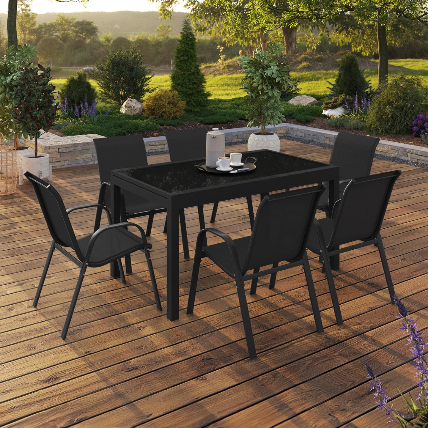 IDMarket - Salon de Jardin Madrid Table Extensible 135-270 CM et 12 chaises empilables Noir