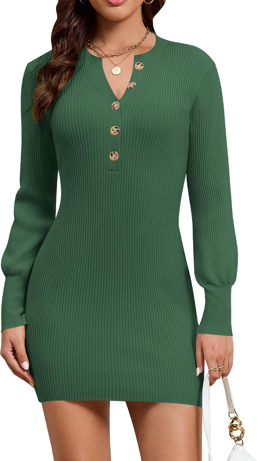 Blooming Jelly Womens Sweater Dress V Neck Mini Bodycon Fall Dresses Button Down Knit Puff Long Sleeve Winter Clothes