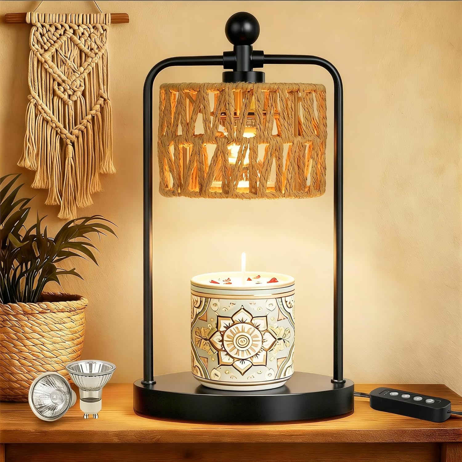 Candle Warmer Lamp with Timer Dimmer, Candle Warmer for Jar Candles Lights, Boho Candle Lamp Warmer with 2 Bulbs, Birthday Gifts for Women, House Warming Gifts New Home Decor, Black