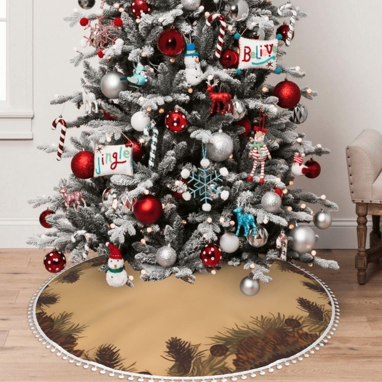 Jupe de sapin de Noël haut de gamme 121cm avec bordure rustique chic
