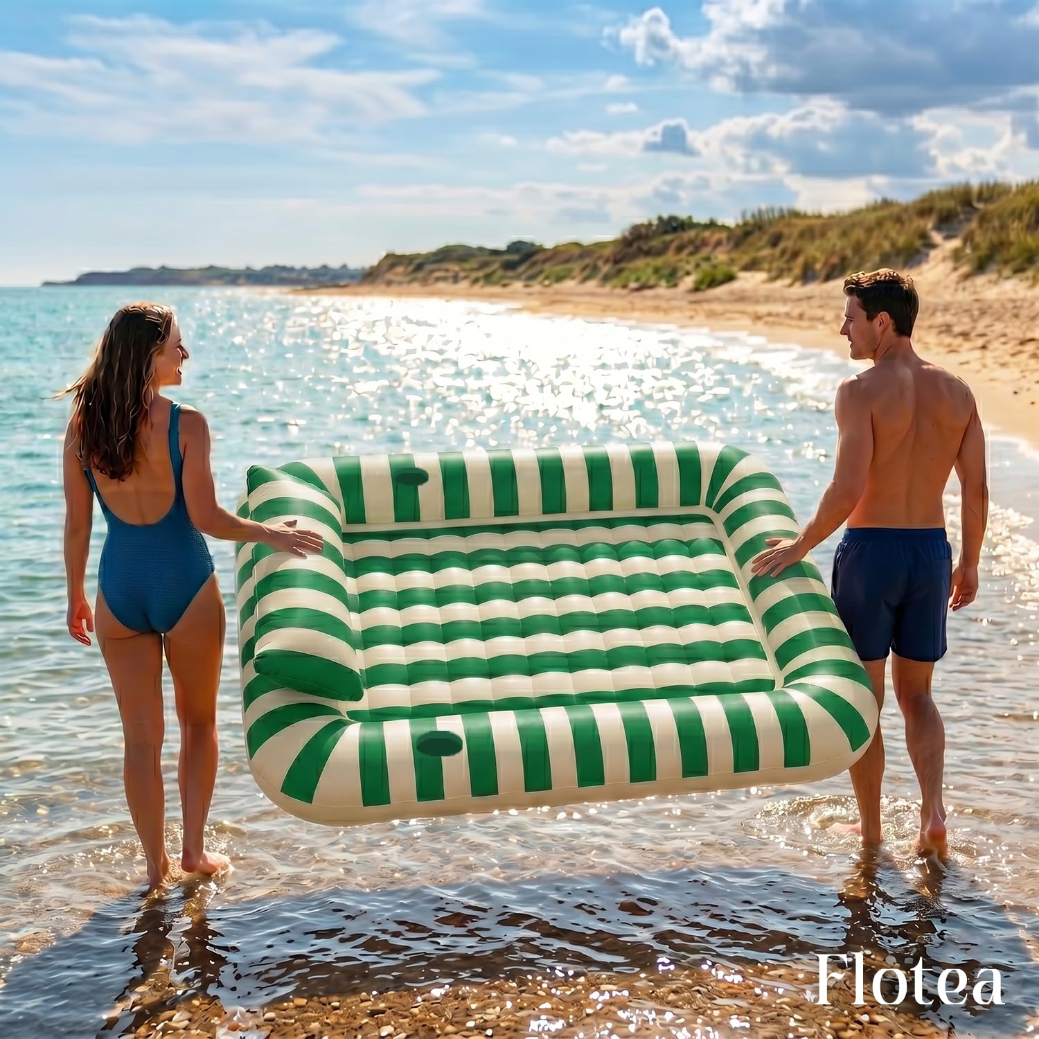 Flotea® Aufblasbare XXL Pool-Luftmatratze für Erwachsene 2 Personen | Schwimmmatratze mit Kissen und Getränkehaltern | PVC 215 x 148 cm | Pool, Strand, Meer & Urlaub | Original Corner