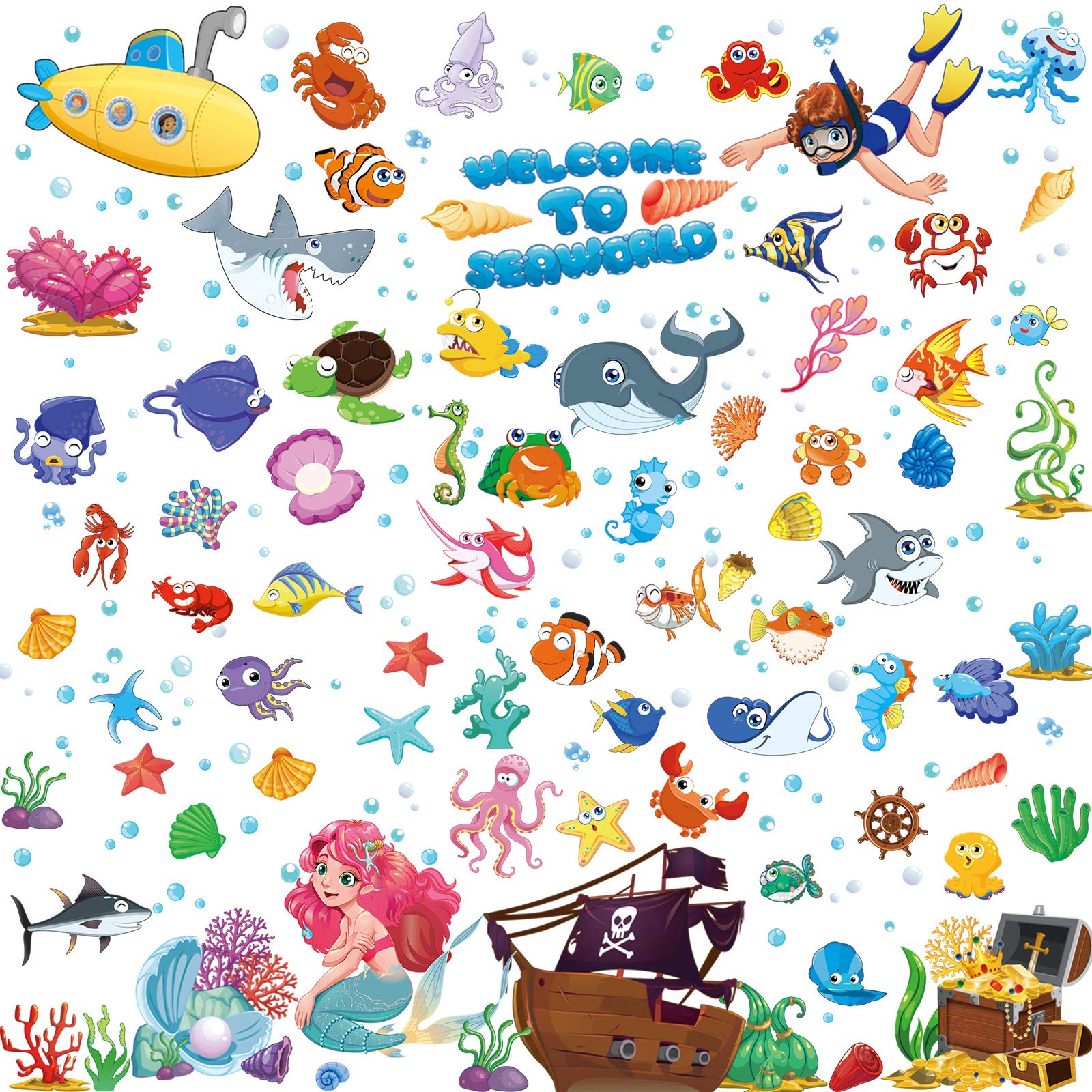 Ocean Fish Wall Stickers Underwater Mermaid Wall Stickers Removable Ocean Animals Stickers Ocean Watercolor for Bedroom Bathroom Decor