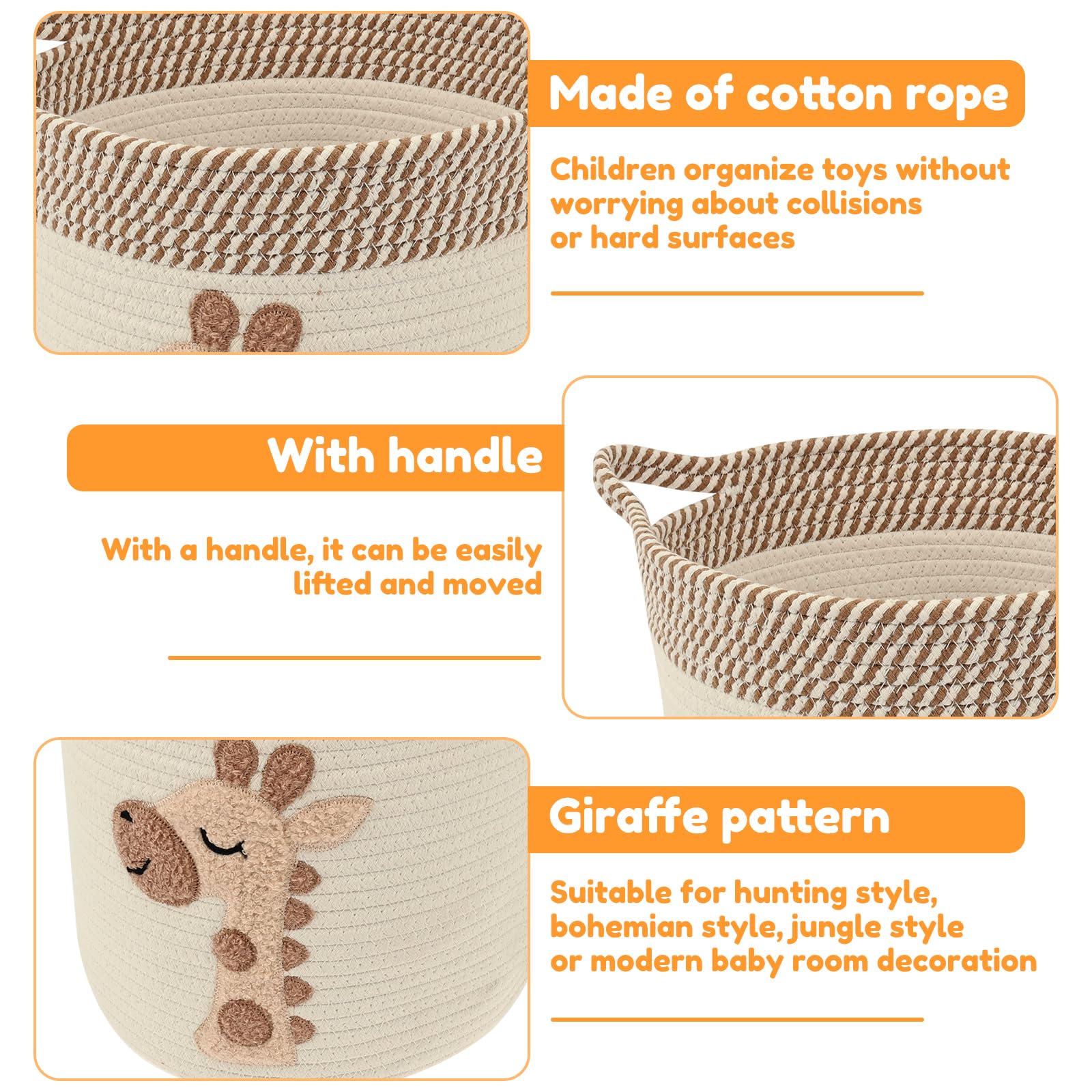 Toy Storage Basket,Woven Cotton Rope Storage Baskets with Embroidery Decor for Kids,Laundry Blanket Basket Dirty Clothes Baskets with Handles for Living Room,Nursery,Kids Bedroom - Image 3
