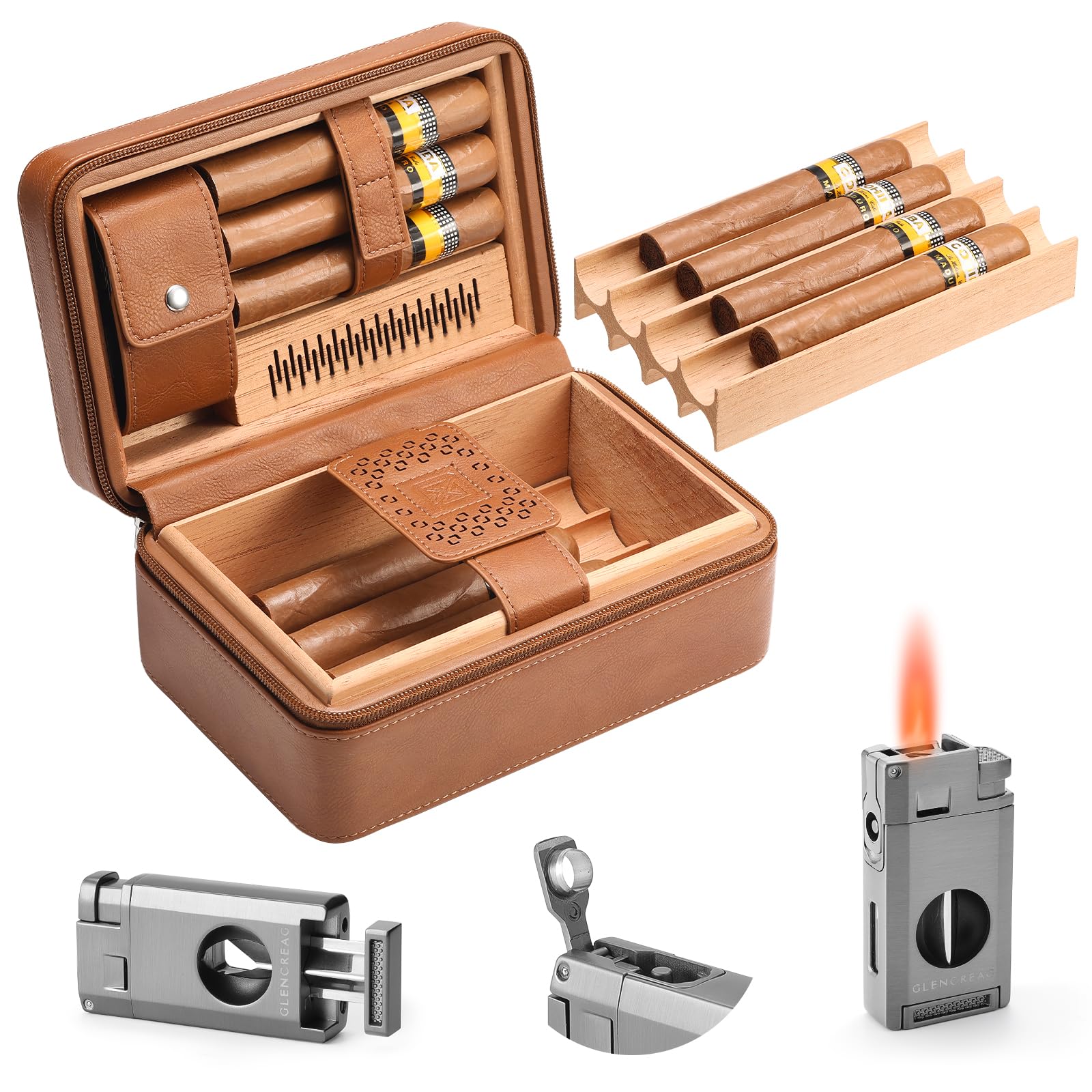 Double Layer Travel Cigar Humidor Case for 11 Cigars Leather Cigar Case with Spanish Cedar Lining Built-in Hygrometer