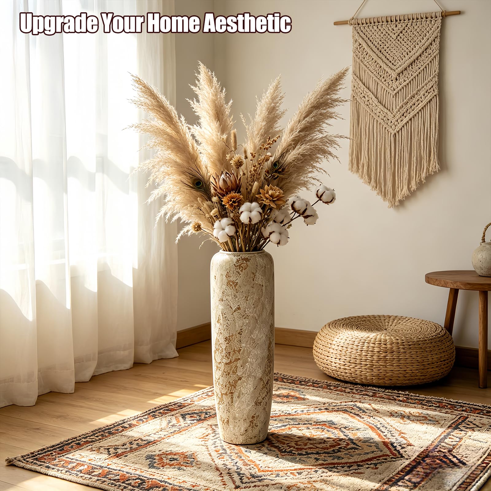 Boho Bodenvase aus Keramik, 60 cm, Rustikale Vintage Vase für Wohnzimmer Dekoration, Pampasgras oder Trockenblumen, Perfekt für Regale und Tische