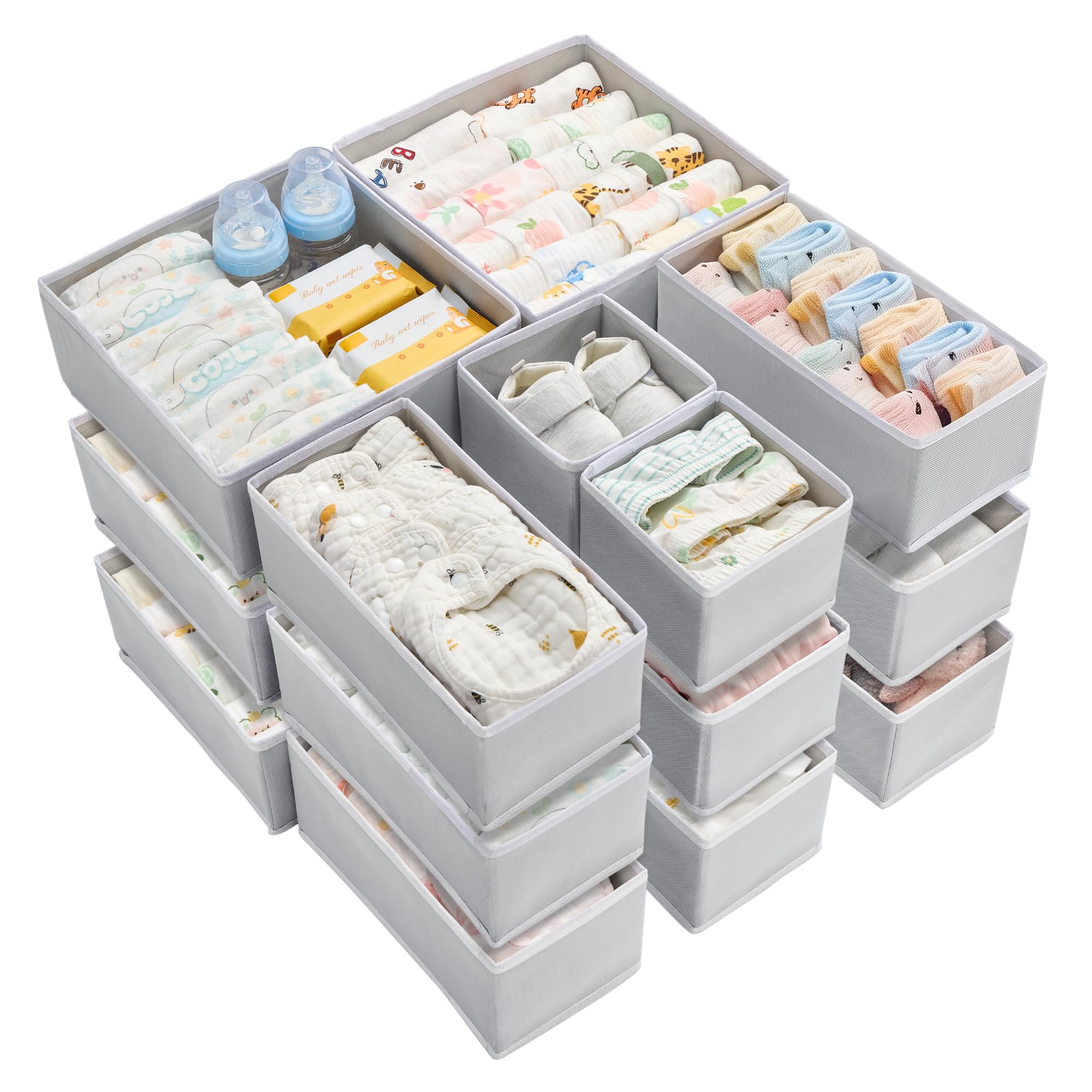 Vtopmart 18 Pack Baby Clothes Organizer, Foldable Fabric Drawer Bins | Nursery Drawer Storage, Baby Clothes Organization, Foldable Fabric Bins, Dresser Closet Organizer, Socks, Bras & Accessories Grey 18