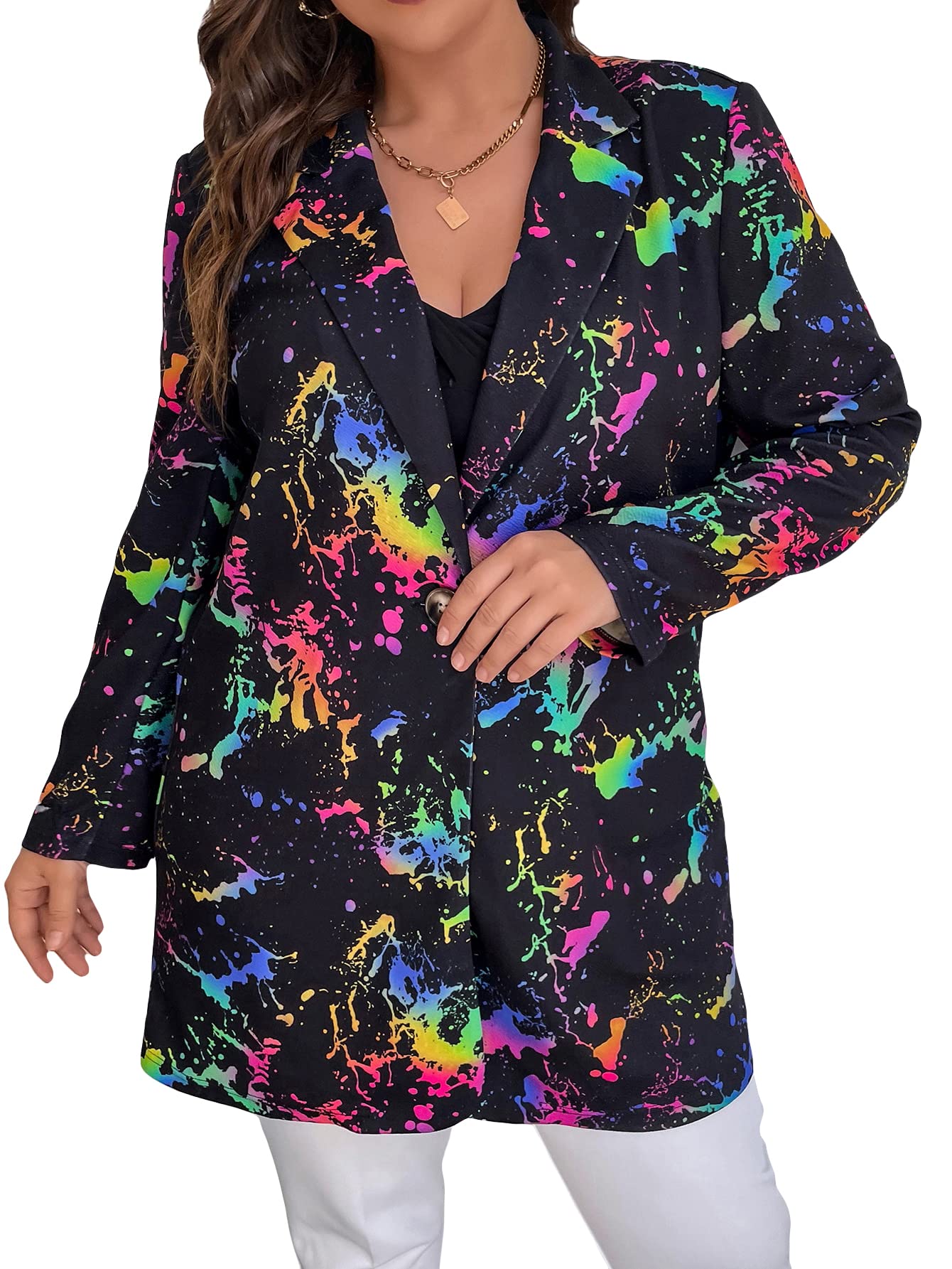 WDIRARA Womens Plus Size Allover Print Lapel Long Sleeve Button Front Jacket Blazer