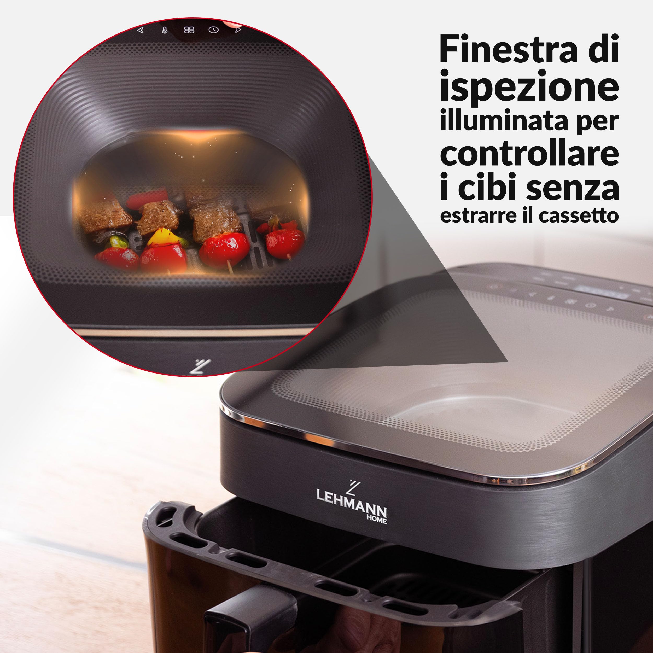 LEHMANN Friggitrice ad Aria XL 6,5L, Air Fryer con Finestra Panoramica Superiore e Illuminazione Interna, Display Touch, 12 Programmi, Promemoria di Agitazione, Griglie Lavabili in Lavastoviglie