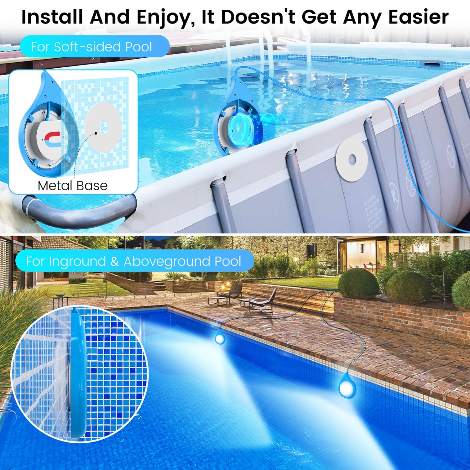 LyLmLe Luces Piscina Sumergible LED, 20W Regulable Multicolor RGB Focos Piscina Control de App, Regulable, Temporizador, IP68 Impermeable Magnético Luces con 8m para Piscine Sobre Tierra Acero, 12V