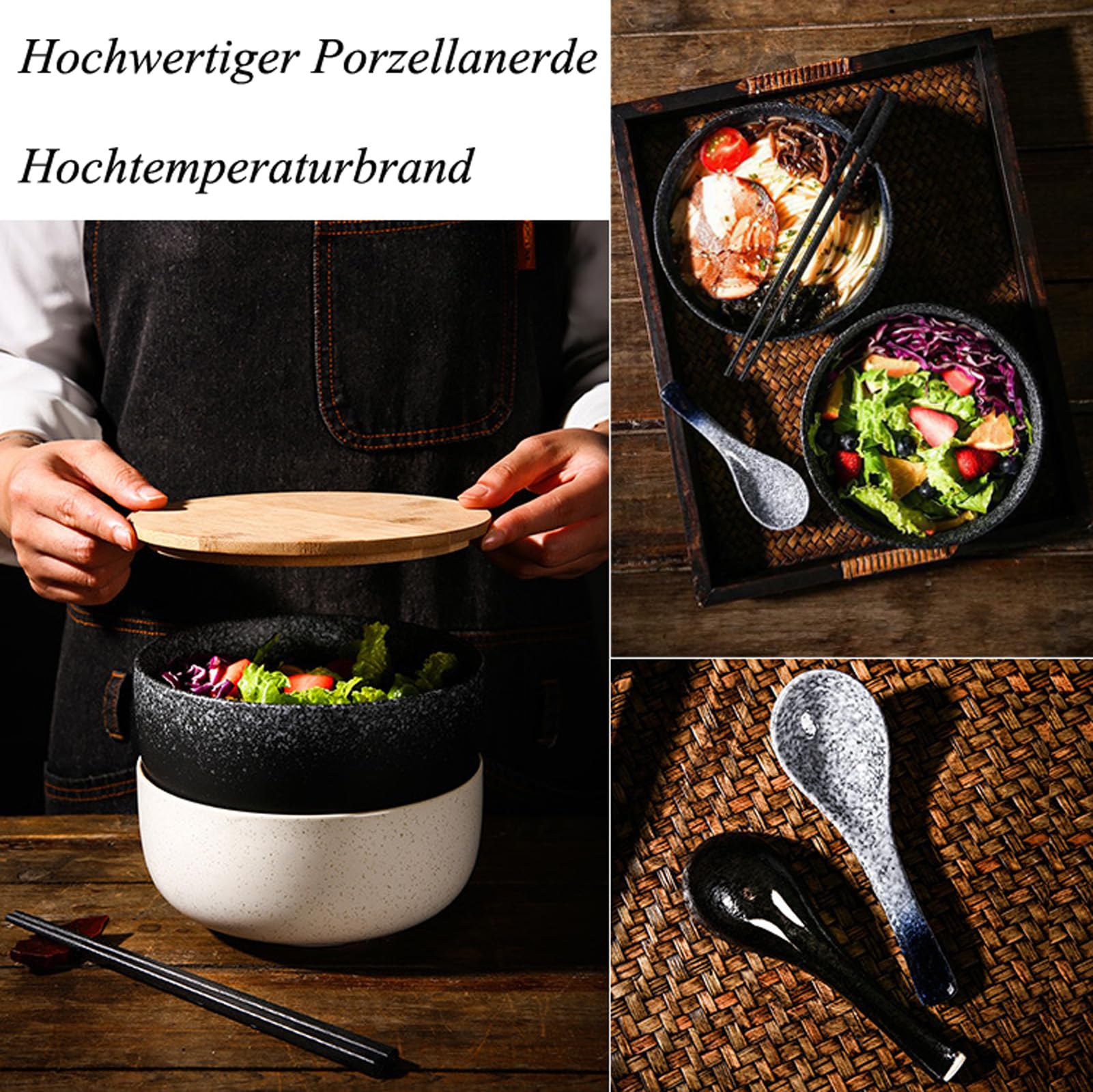 Ramen Schüssel Keramik Set mit Löffel Essstäbchen,Japanisches Suppenschüssel,Salatschüsseln Für Suppe, Pho und Sushi Bowl 1000ML Keramik Suppenschüssel Ramen Bowl Set,C4