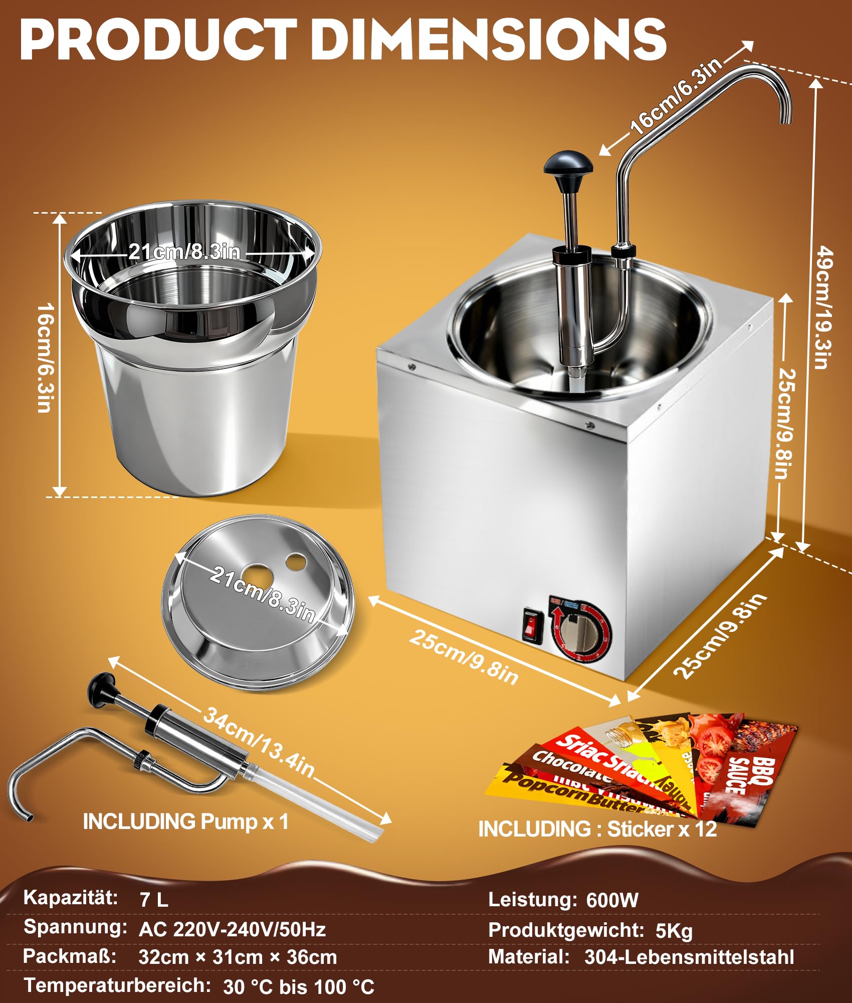 Distributore di salse in acciaio inossidabile da 7L con funzione di riscaldamento, pompa distributrice di salse elettrica in acciaio inossidabile con 6 livelli di temperatura & pompa rotante a 360°