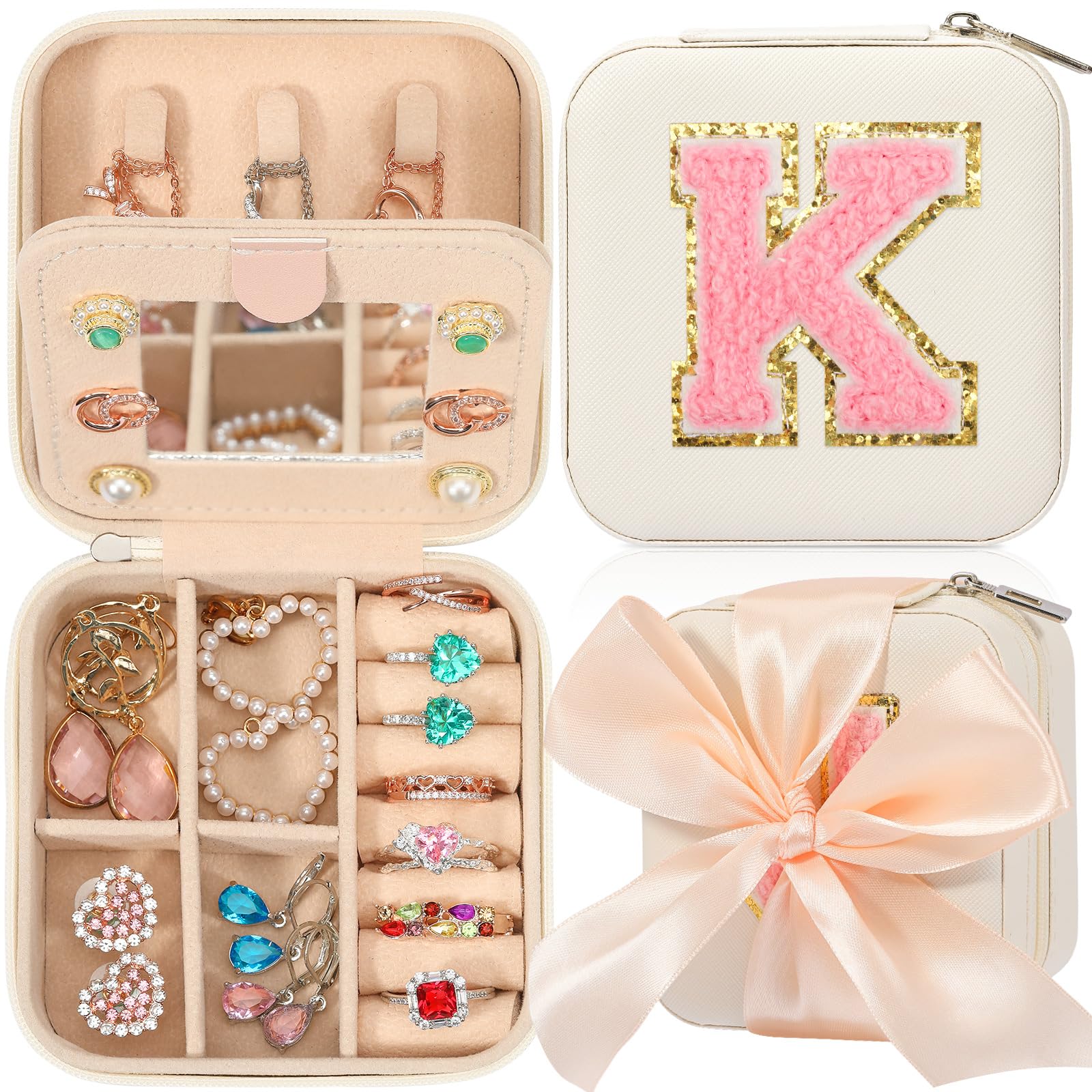 CHMICHMI Travel Jewelry Case, White Jewelry Box, Jewelry Organizer - Travel Gifts for Women & Girls, Birthday & Christmas Gifts - Initial K