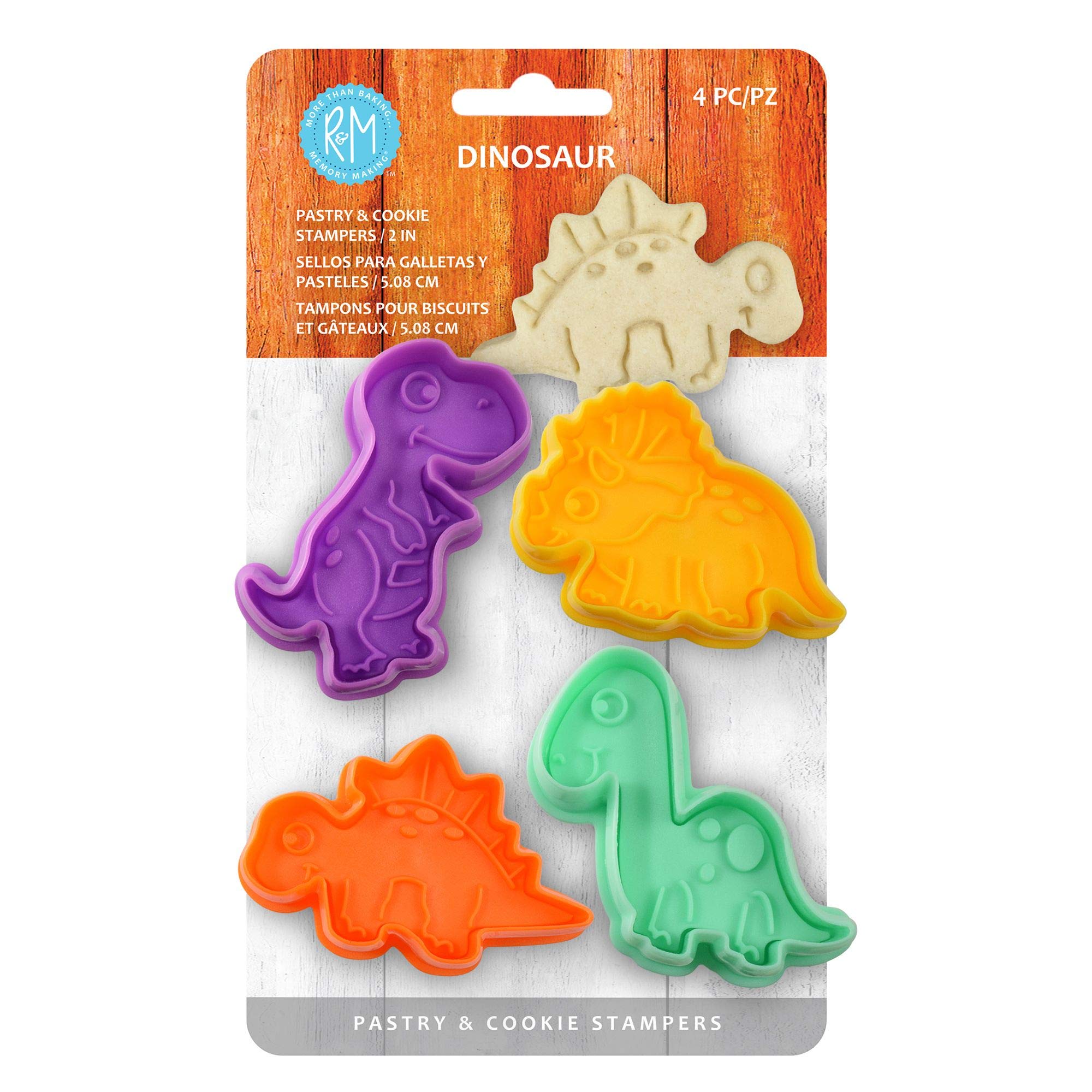 R&MInternational Dinosaur Cookie Stamper, Baby Dinosaur Stamper, T-Rex, Stegosaurus, Triceratops, Brontosaurus, 2 Inch, 4 Piece Set, Assorted Colors