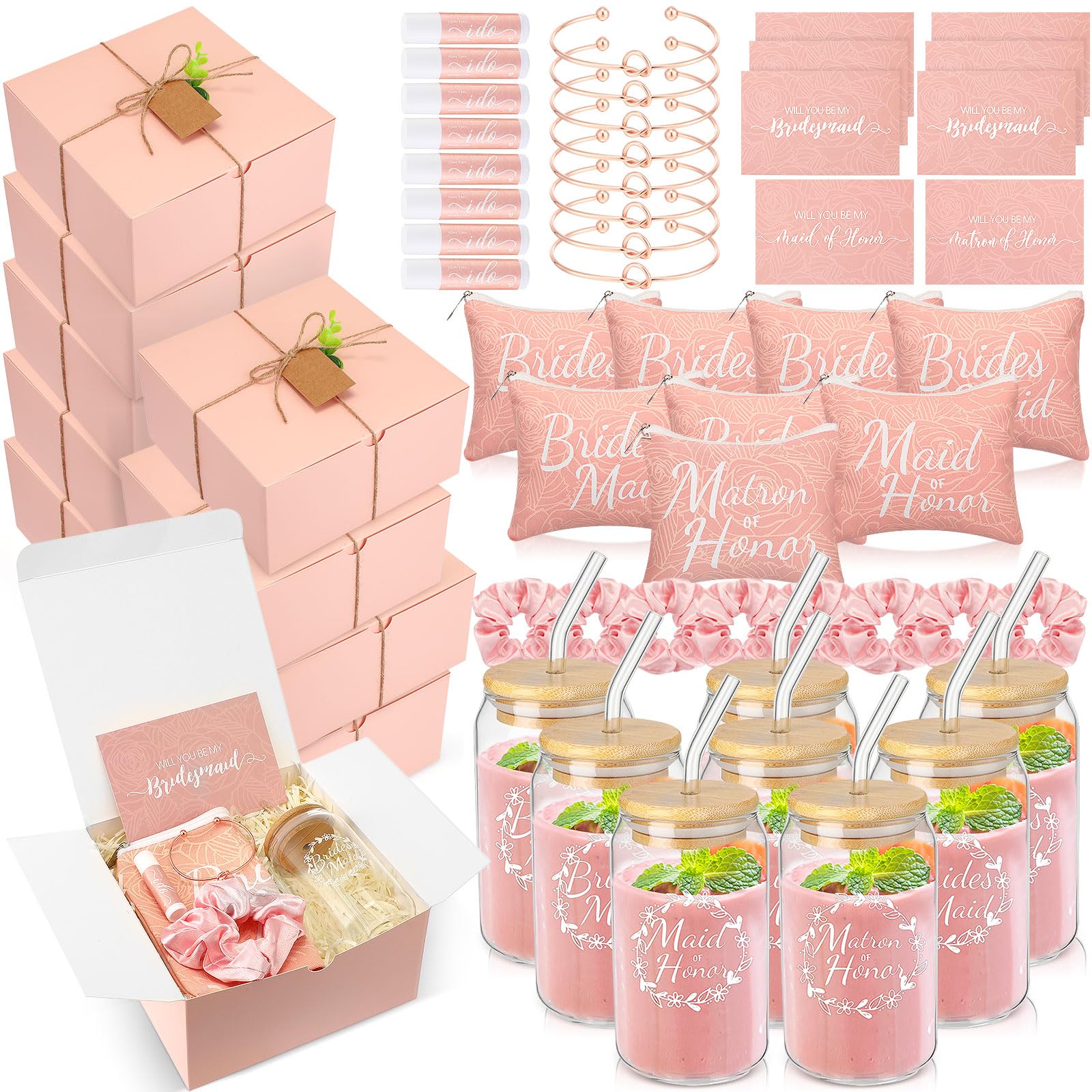 FillTouch 56 Stück Brautjungfern-Antragsgeschenke Brautdusche Geschenke inklusive Geschenk-Box Glasbecher Kosmetik-Make-up-Taschen Einladungskarten Lippenbalsam Haargummis Haar geknotete Armbänder