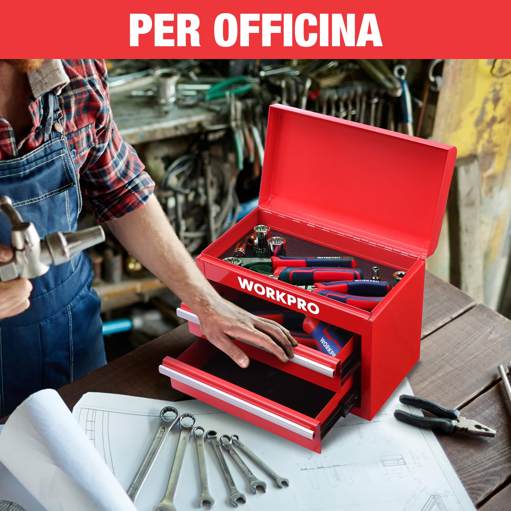 WORKPRO Mini Cassetta degli Attrezzi in Metallo con 2 Cassetti e & Superiore, 27,5 x 15 x 20,8 cm, Portatile, Ideale per Ufficio e Tavolo da Trucco - Rosso