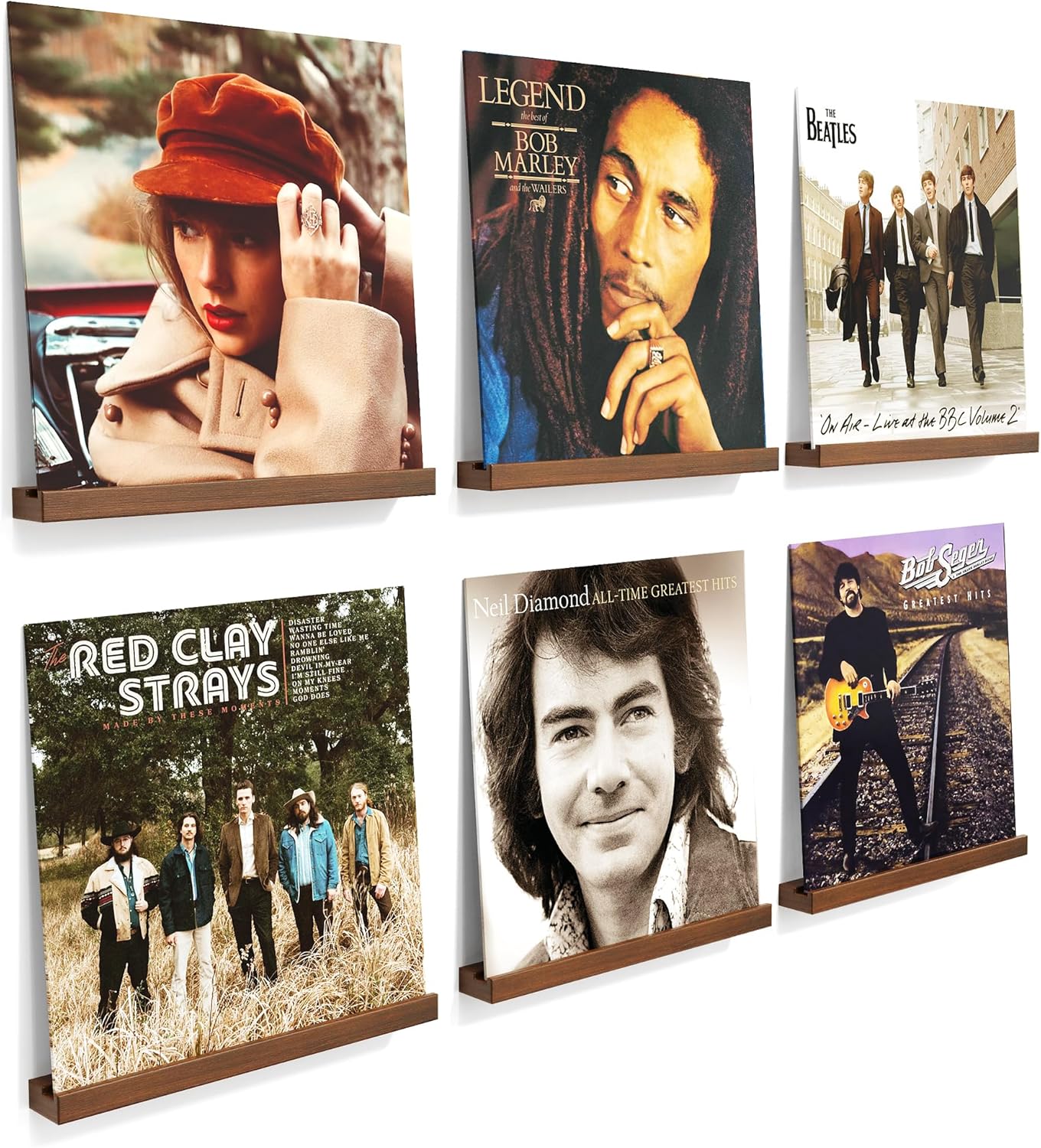 Emfogo Vinyl Record Shelf Wall Mount, 6 Pack Album Record Holder Wall, 12 inch Vinyl Record Storage Shelves Wall, Wood Record Display for Living Room (Walnut)