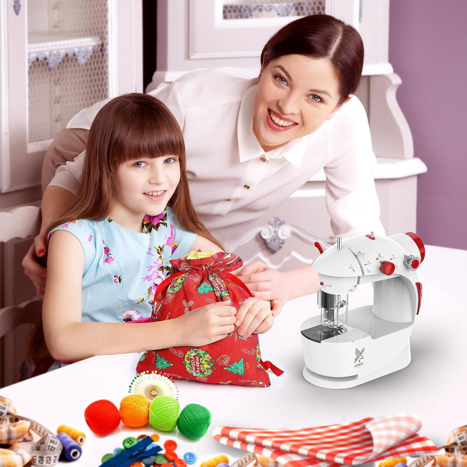 Kids Sewing Machine with Finger Guard and Christmas DIY Bag Material, Mini Electric Sewing Machine with Foot Pedal (Red)