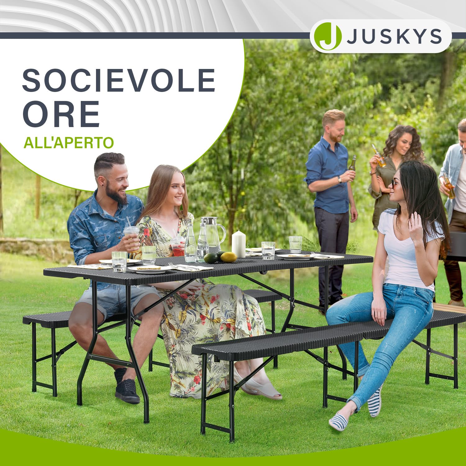 Juskys Set tenda da birra Amberg 3 pezzi e pieghevole - 180 x 74 x 74-2 panche da birra e tavolo da birra in stile rattan Set mobili da giardino Set tendone da campeggio