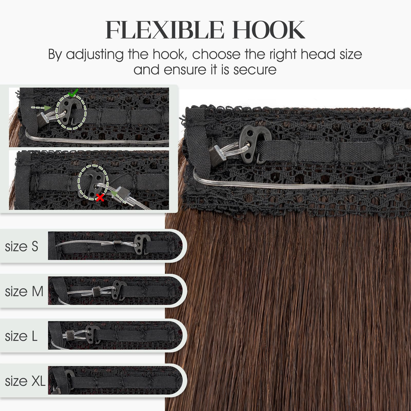 MY-LADY Extension Capelli Veri Filo Invisibile, 40cm Wire Hair Extensions in Capelli Umani Lisci per Donna con Corda Regolabile e 2 Clip #02 Marrone Scuro 65g