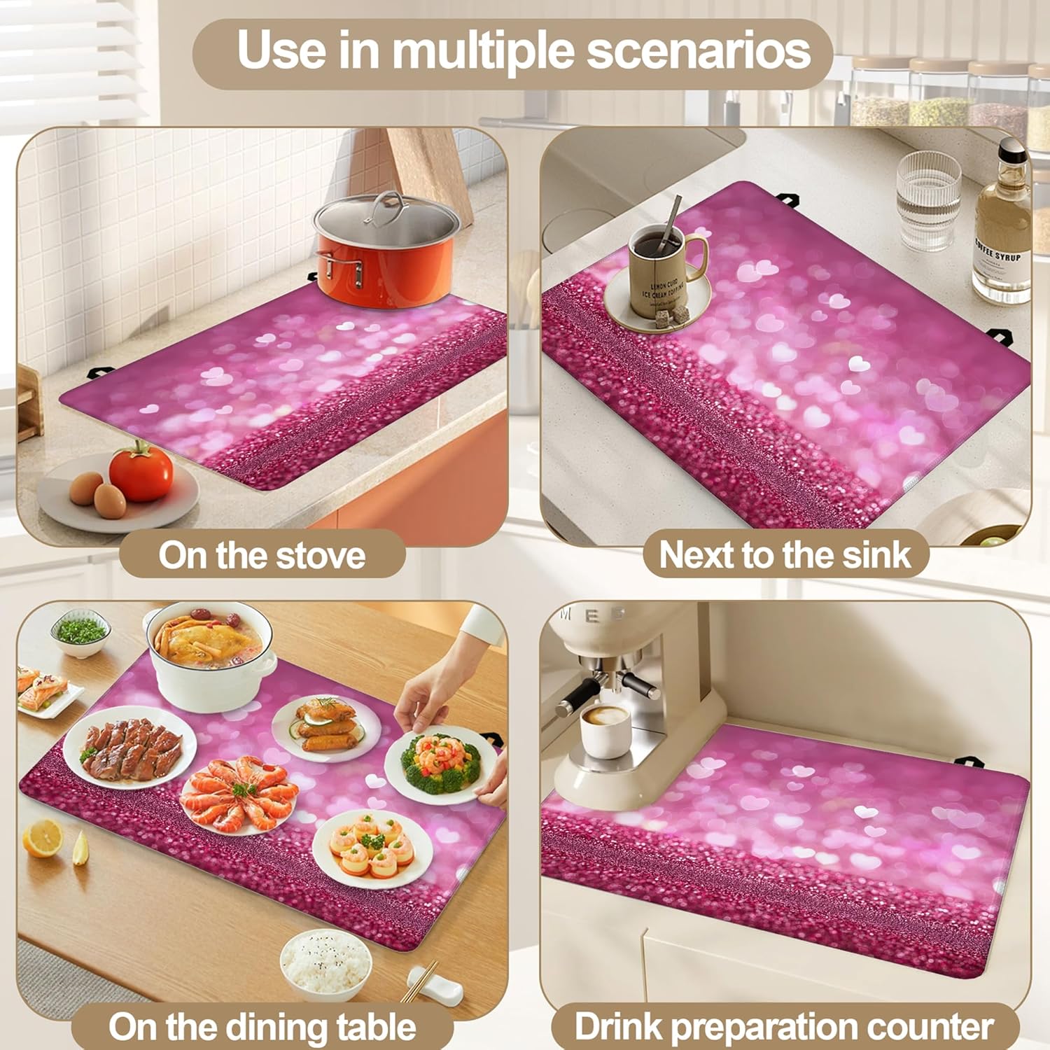 Stove Top Covers for Electric Stove,Pink Glitter Heart Heat Resistant Glass Cooktop Cover Protector for Kitchen Ceramic Countertop Dish Drying Mats 28.5'' x 20.5''