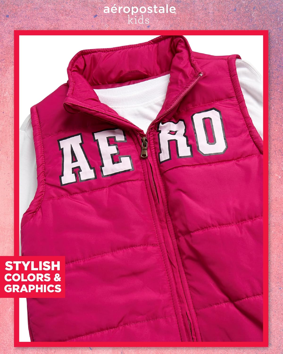 AEROPOSTALE Girls Pants Set - 3 Piece Zip Up Puffer Vest, Crew Neck Long Sleeve T Shirt and Fleece Joggers for Girls (4-12) - Image 3