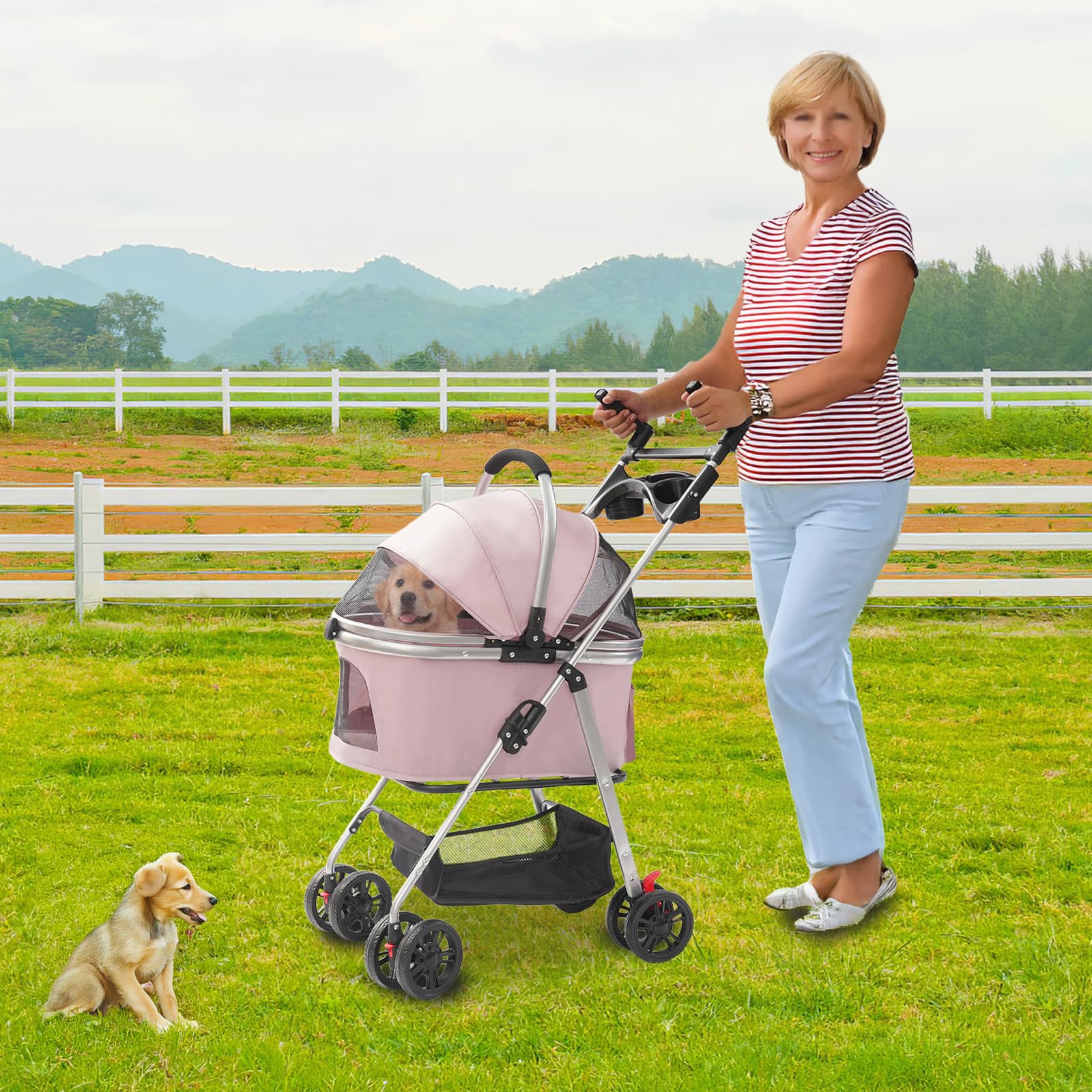Poussette pliable pour chien avec roues universelles, pour chats et petits chiens, 50 x 60 cm (rose sakura)