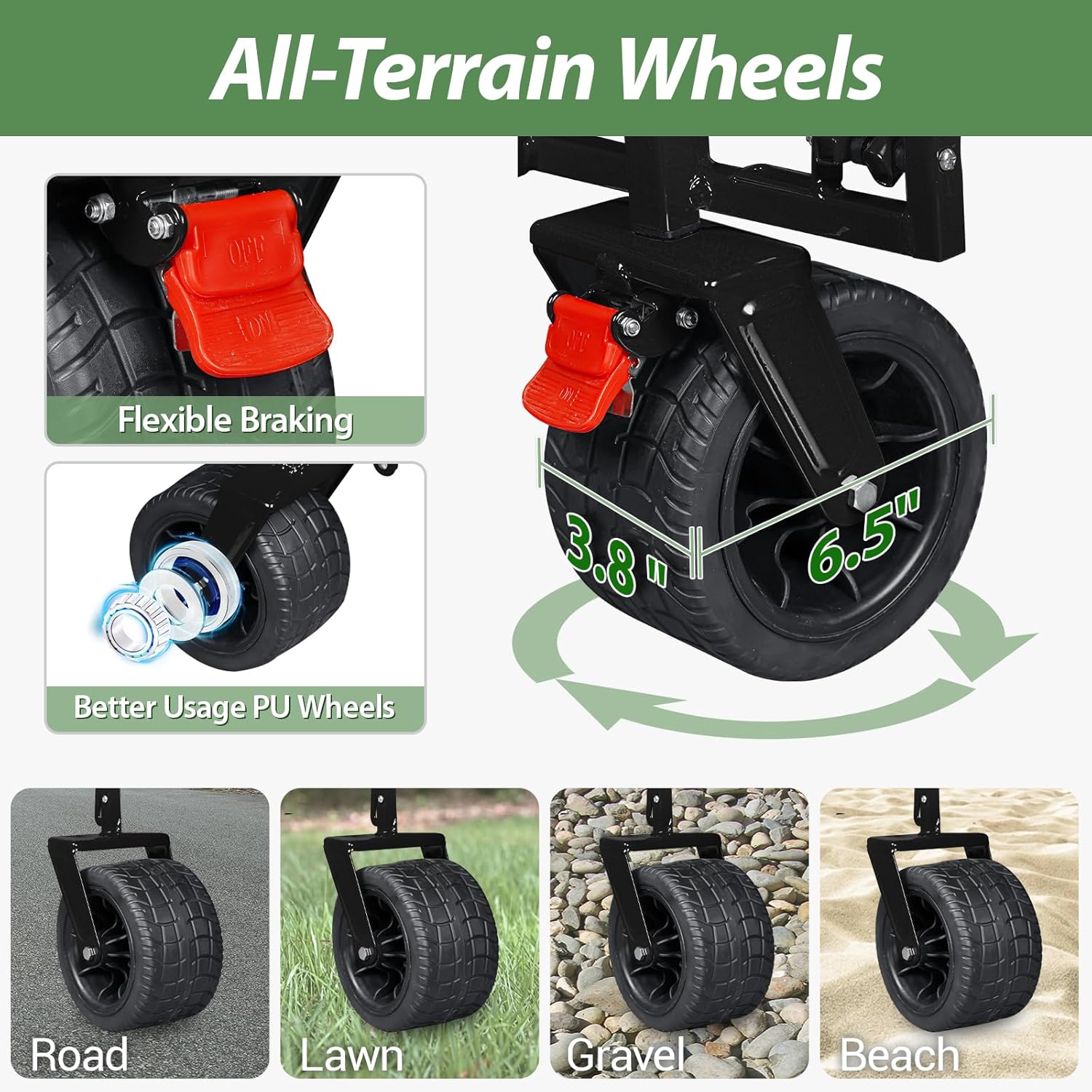 TAIFA Foldable Collapsible Wagons Cart with Extra Long Tailgate, Beach Portable Utility Wagon with Big Wheels and Brakes for Sand Shopping Camping Sports Outdoor, Black and Gray