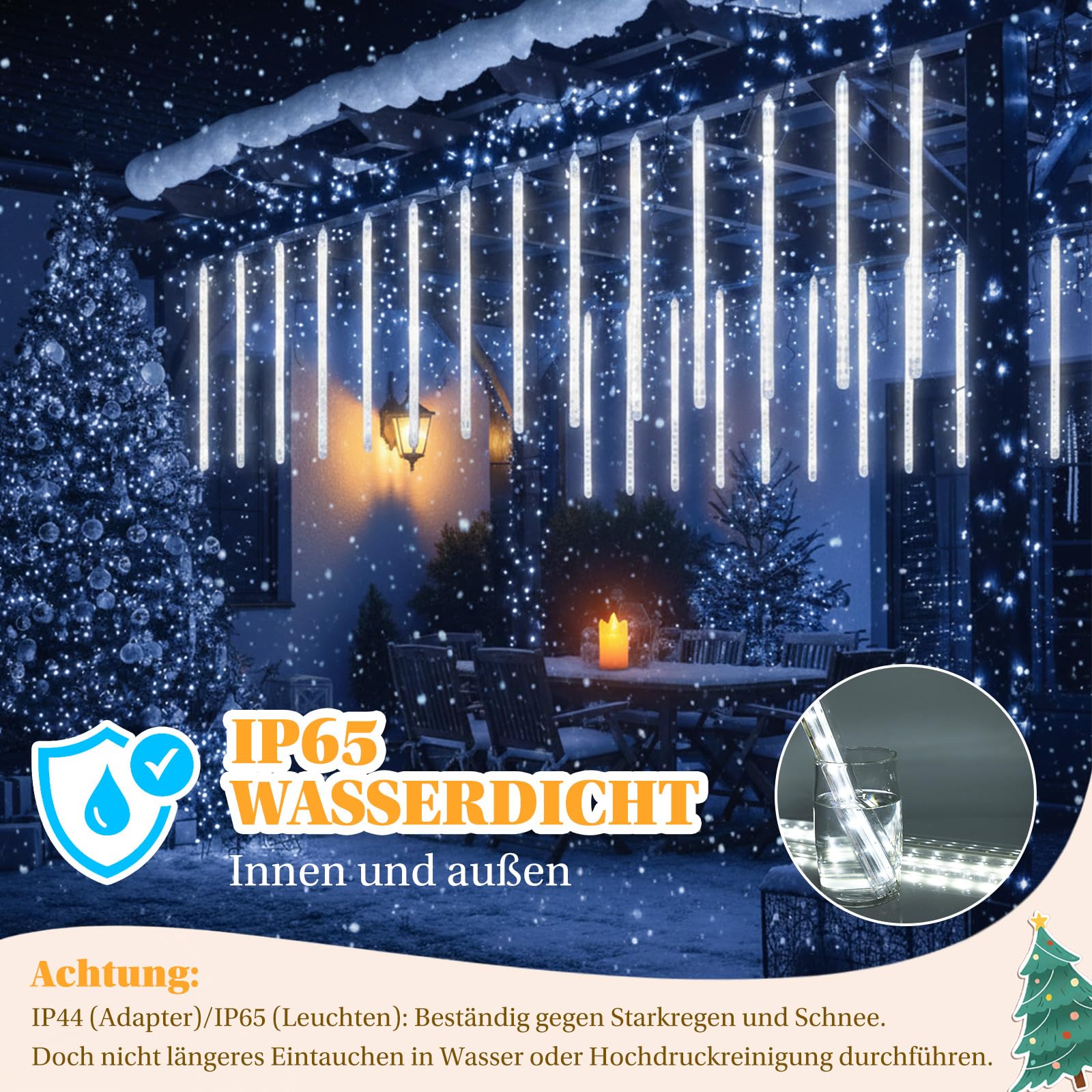 Meteorschauer Lichterkette Außen, 576LEDs 24 Röhren Outdoor Fallende Lichterregen 30cm, IP65 Wasserdicht Weihnachtsbeleuchtung für Balkon Traufe Dach Baum Deko,Weiß(3 Sätzen von 8er-Röhren)