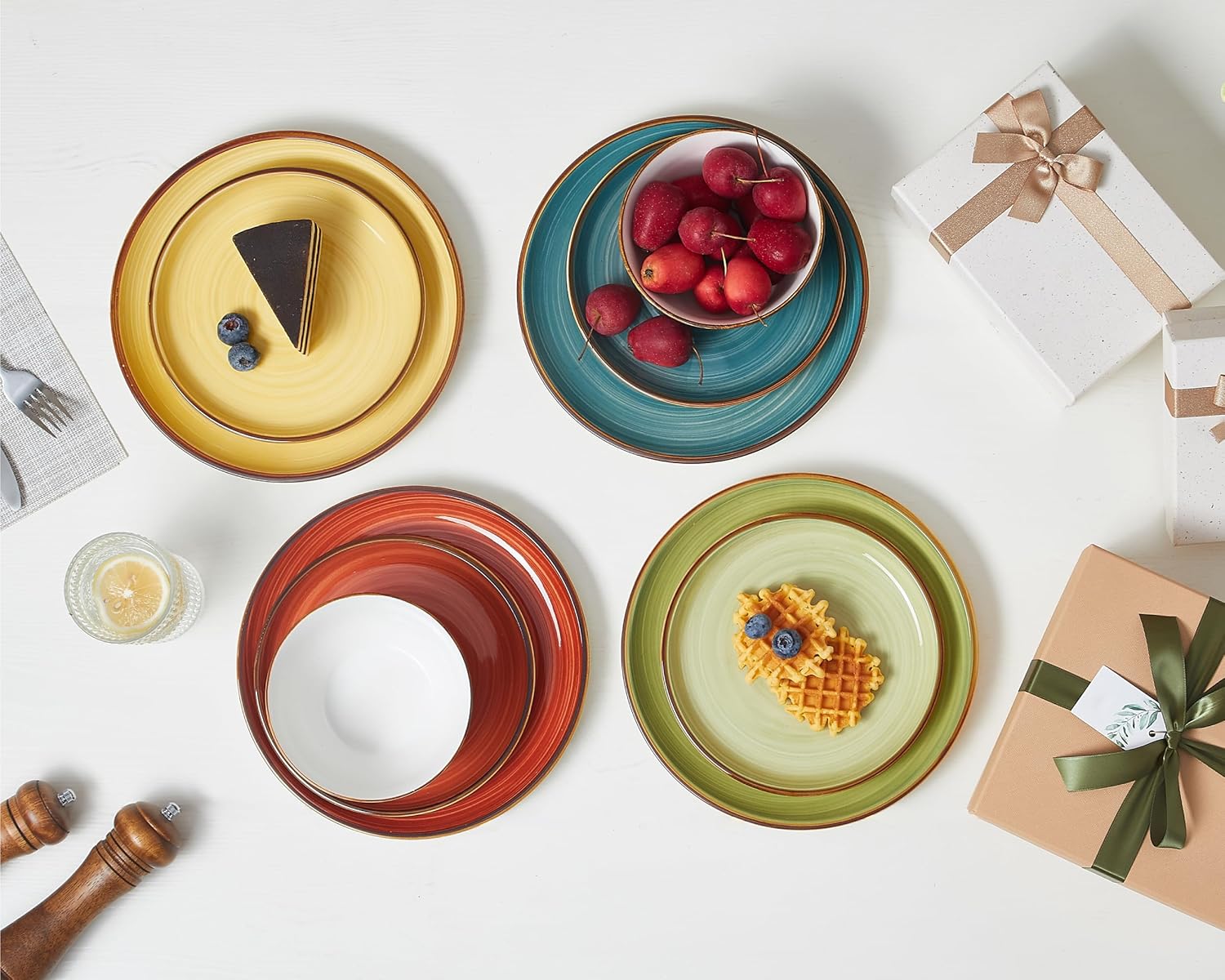 ONEMORE Plates and Bowls Set 12 Pcs,Stoneware Dinnerware Sets for 4 Microwavable,Oven & Dishwasher Safe Porcelain,Scratch Resistant Dishes Set